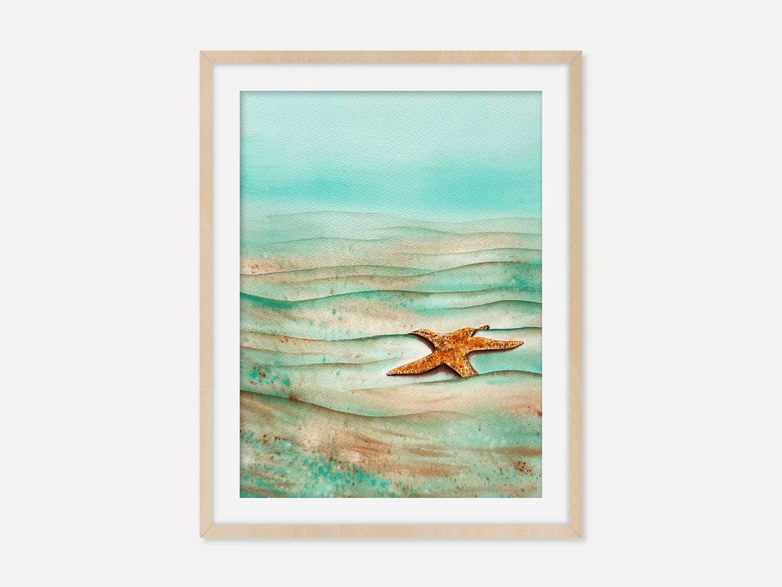 Starfish Watercolor Painting Framed in light oak frame. This is underwater Marine Life Art for Kids