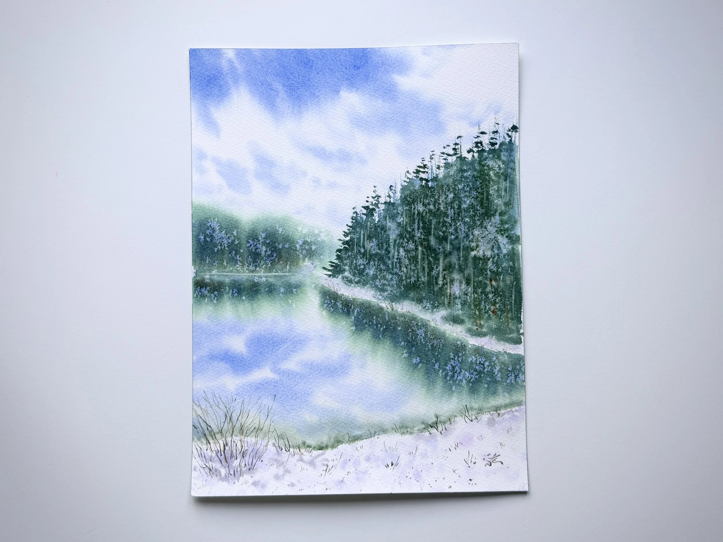 When the Snow Falls Down Day 5 Original Watercolor Winter Lake Landscape Painting Snowy Forest Reflection Serene Nature Scene Hand Painted Woodland Wall Art Decor 6.JPG