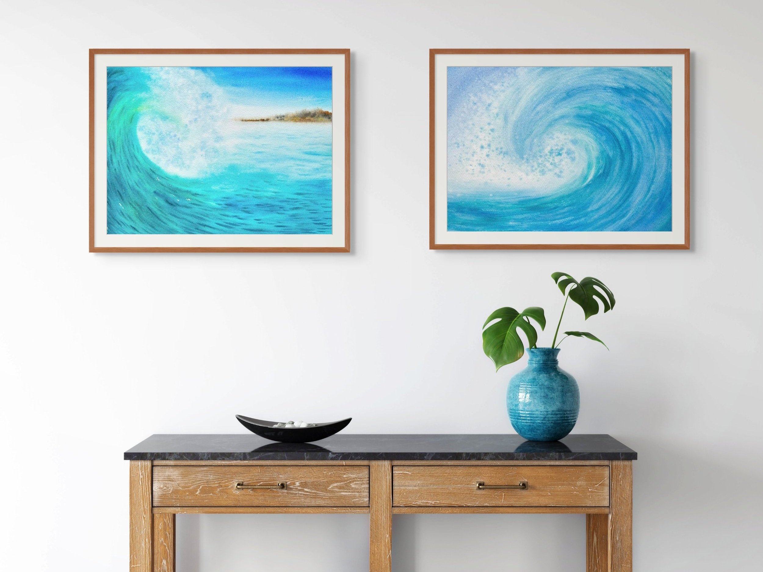 Watercolor painting of a crashing wave in turquoise green, staged in a modern living room. A bold and energetic seascape artwork.