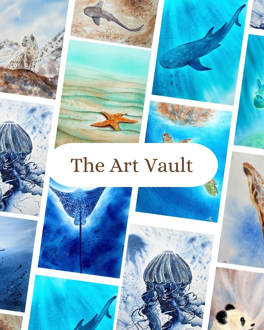 Collage of various marine life artwork, including fish, jellyfish, sharks, sea turtles, starfish, and underwater scenes with different shades of blue. Text in the center reads 'The Art Vault'.