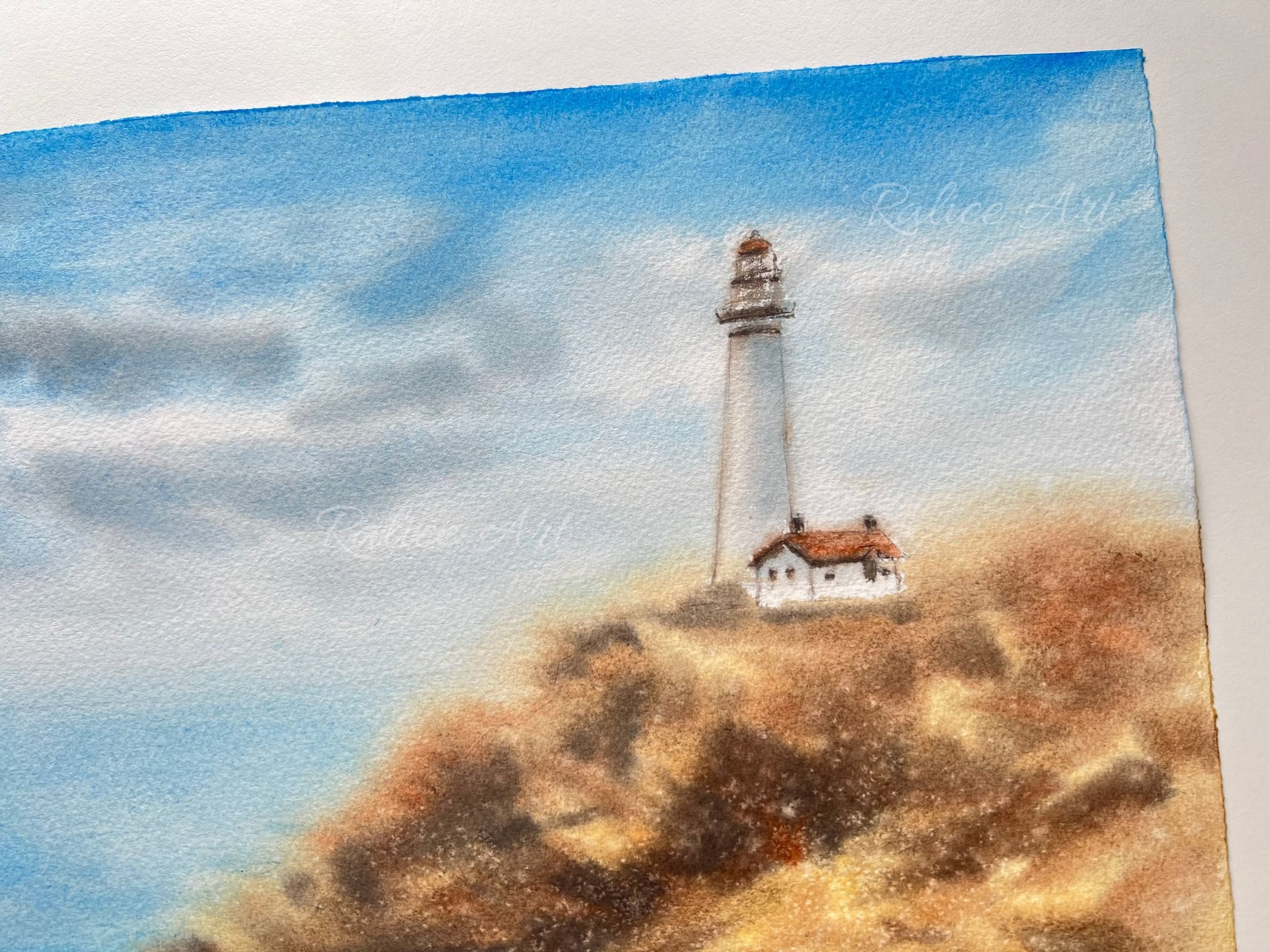 Lighthouse Original Watercolor Painting, Landscape Wall Art, Farm House Wall Art, Impressionistic Art Decor, Housewarming Gift, Rocky Cliff