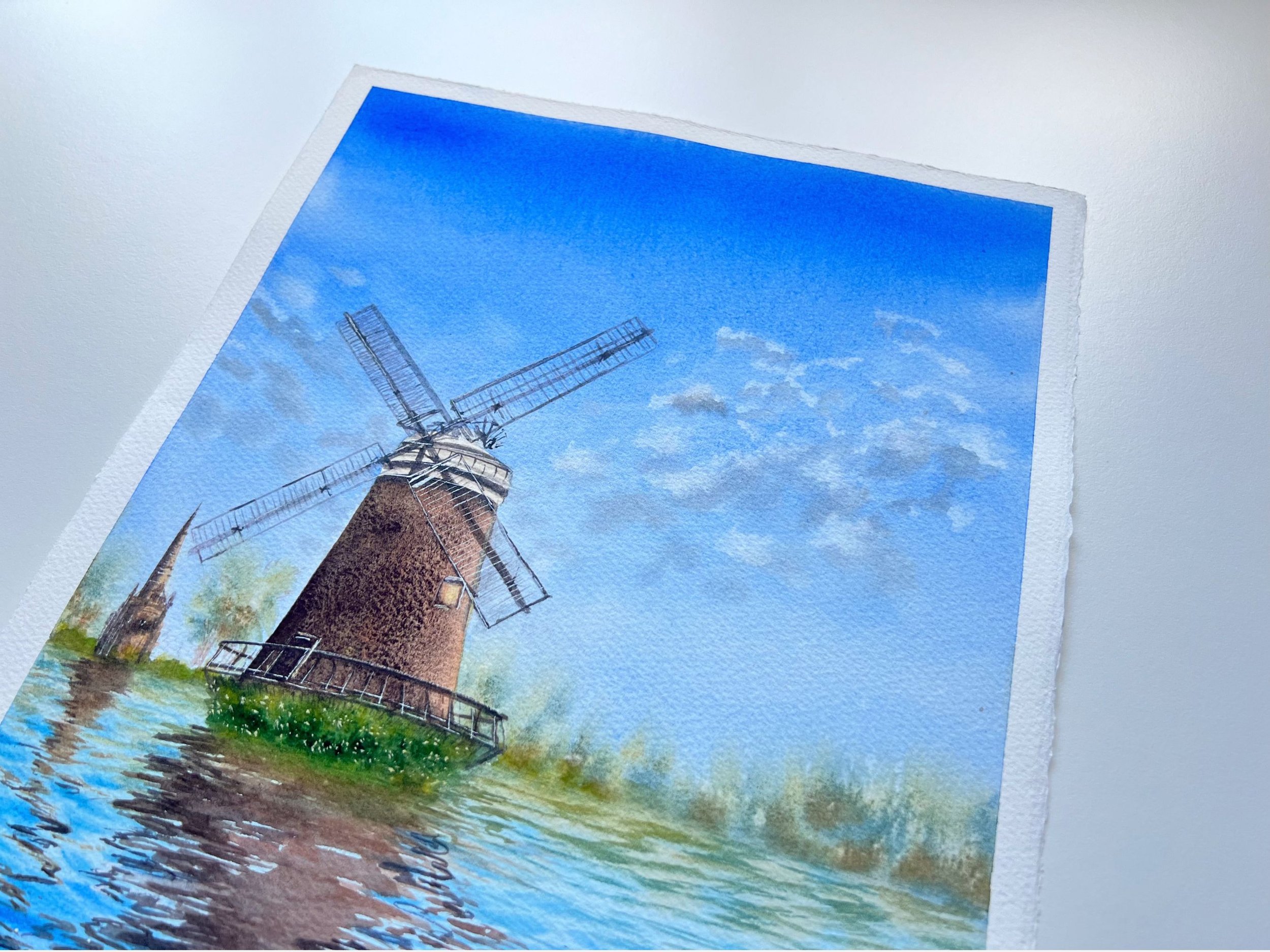 Windmill's Reflections Watercolor Painting | Landscape Wall Art for Lakehouse & Farmhouse | Impressionistic Artwork Decor closeup right upper corner