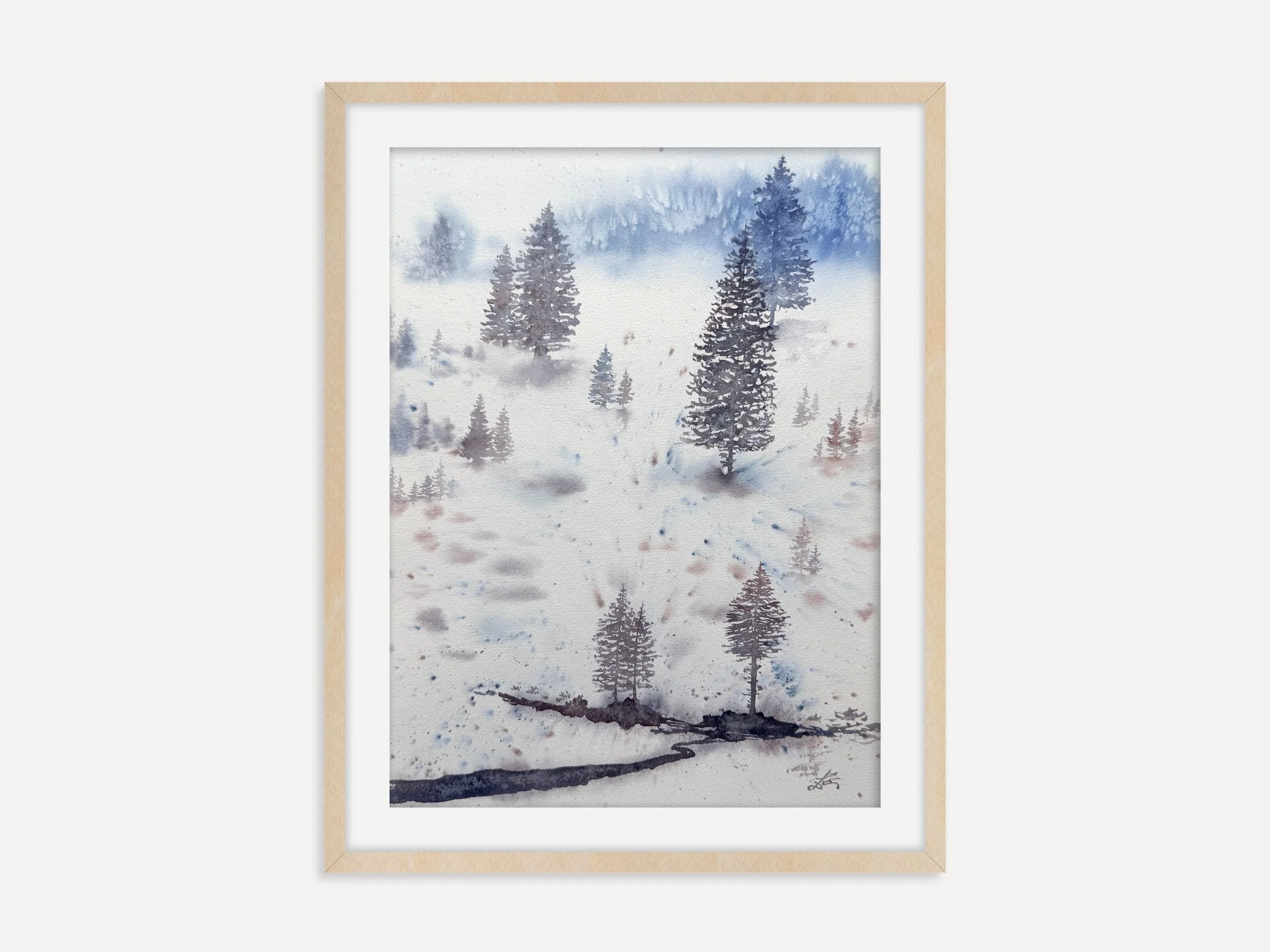 Snowy Landscape with Pine Trees - Original Watercolor Painting