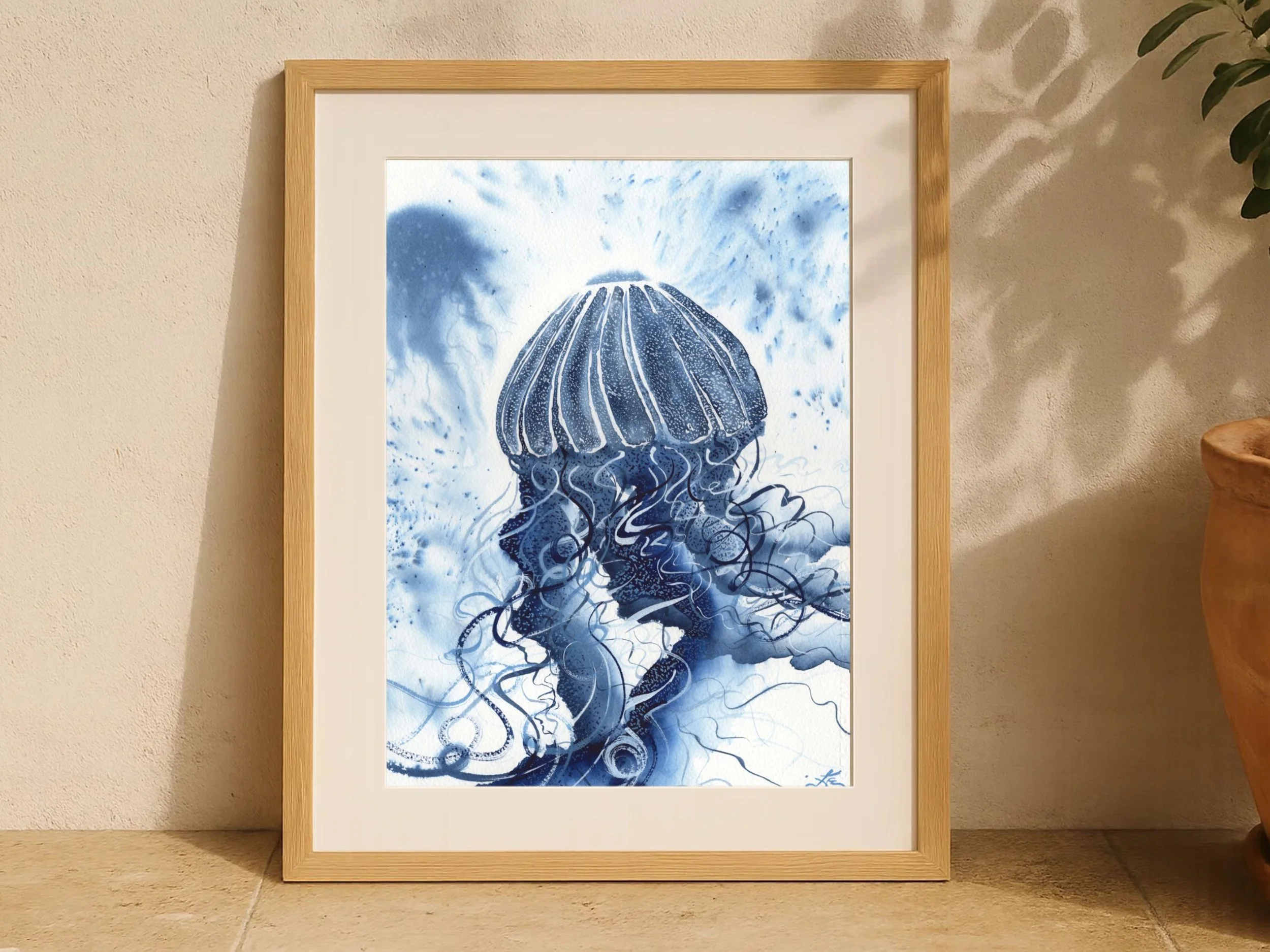 Blue Jellyfish Original Watercolor Painting, Ocean Marine Life Art, Deep Sea Creature Wall Decor, Nautical Coastal Artwork Blue Exlosion 2.jpg