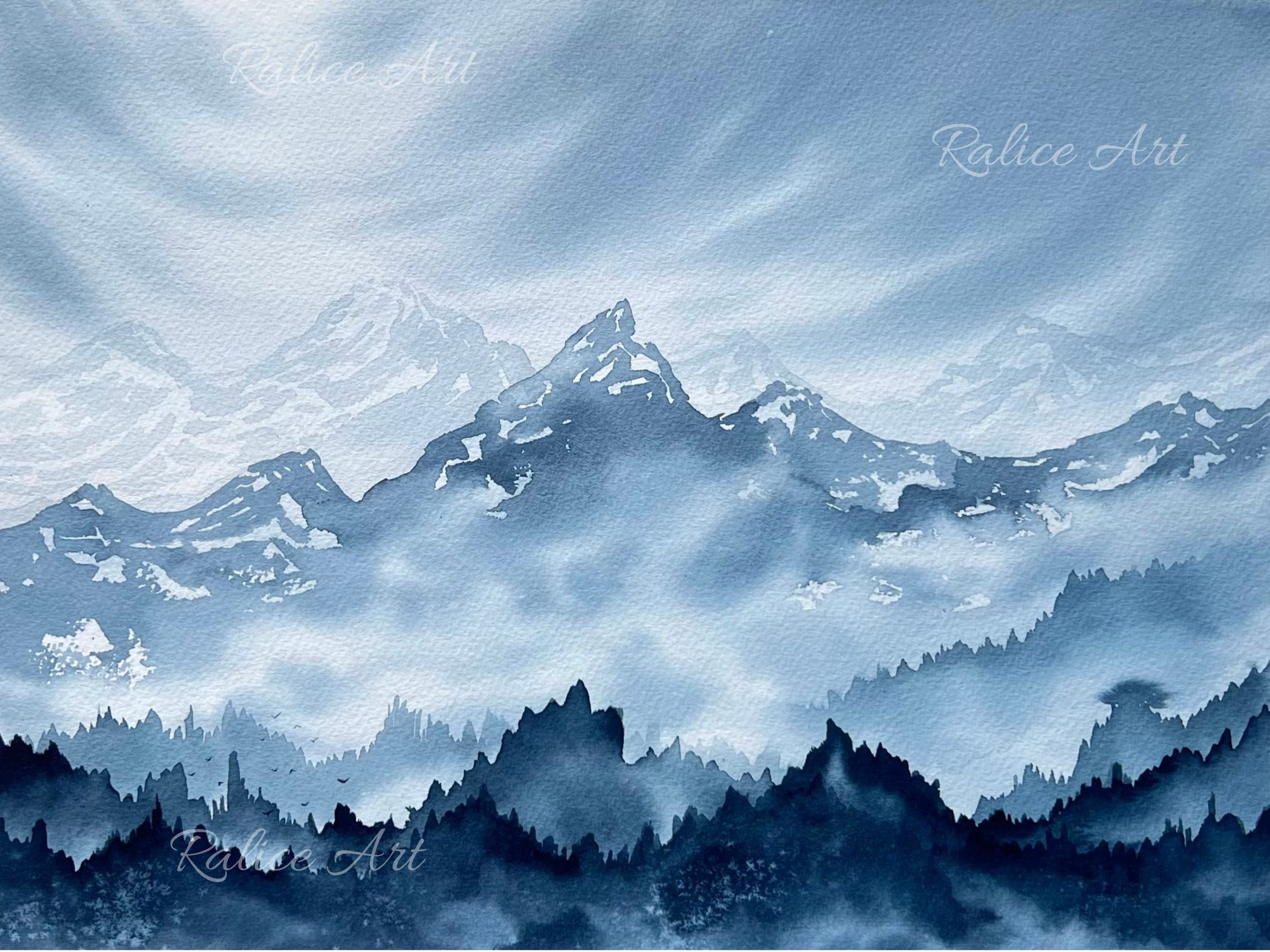 Misty Mountain Valley Original Watercolor Painting of a Misty Dreamy Forest Landscape Painting, Foggy Mountain Art, Nature Scenery Watercolour