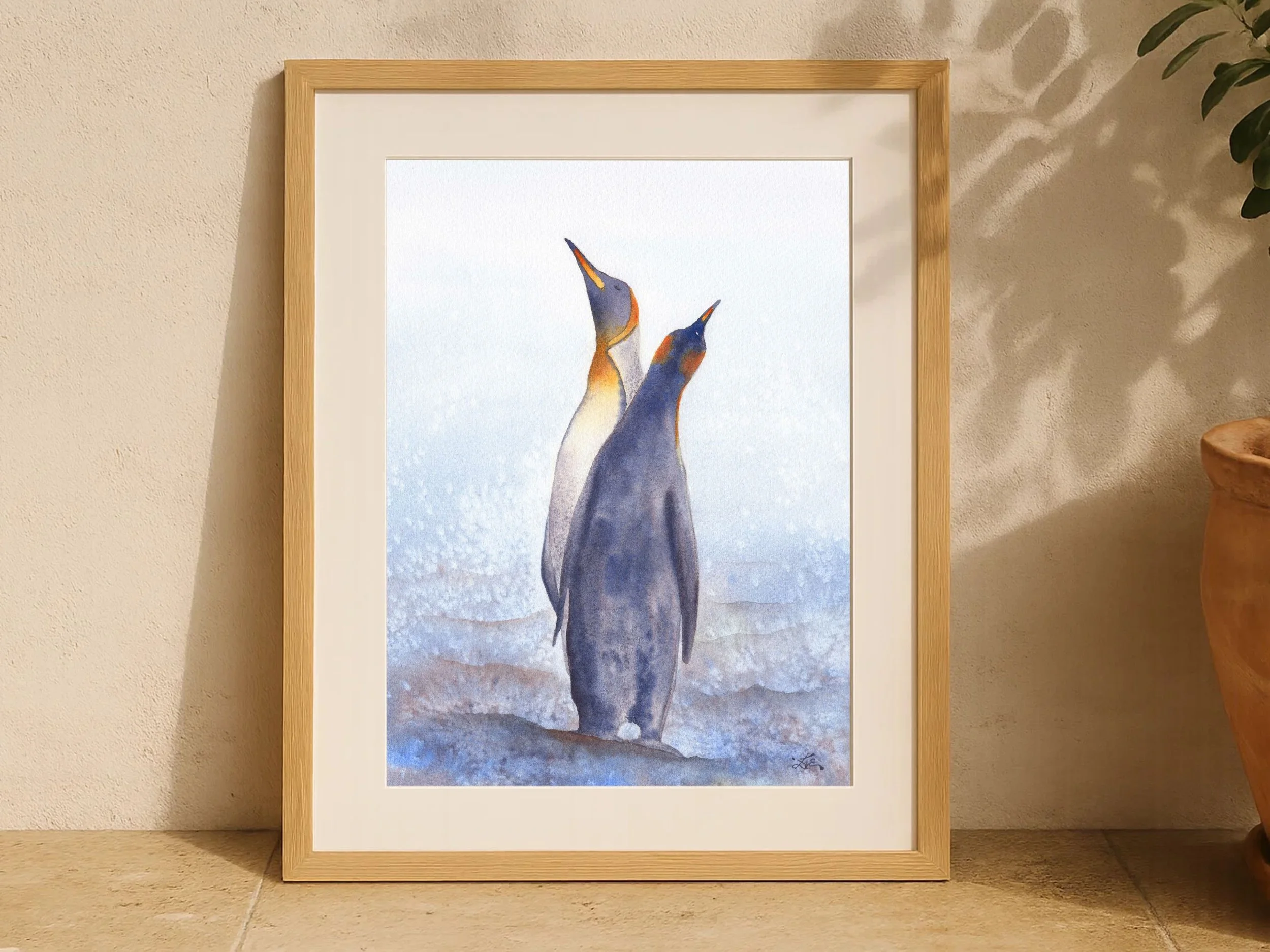 King Penguin Couple Fine Art Print Coastal Wildlife Watercolor Wall Art Archival Fine Art Penguin Artwork 6.jpg