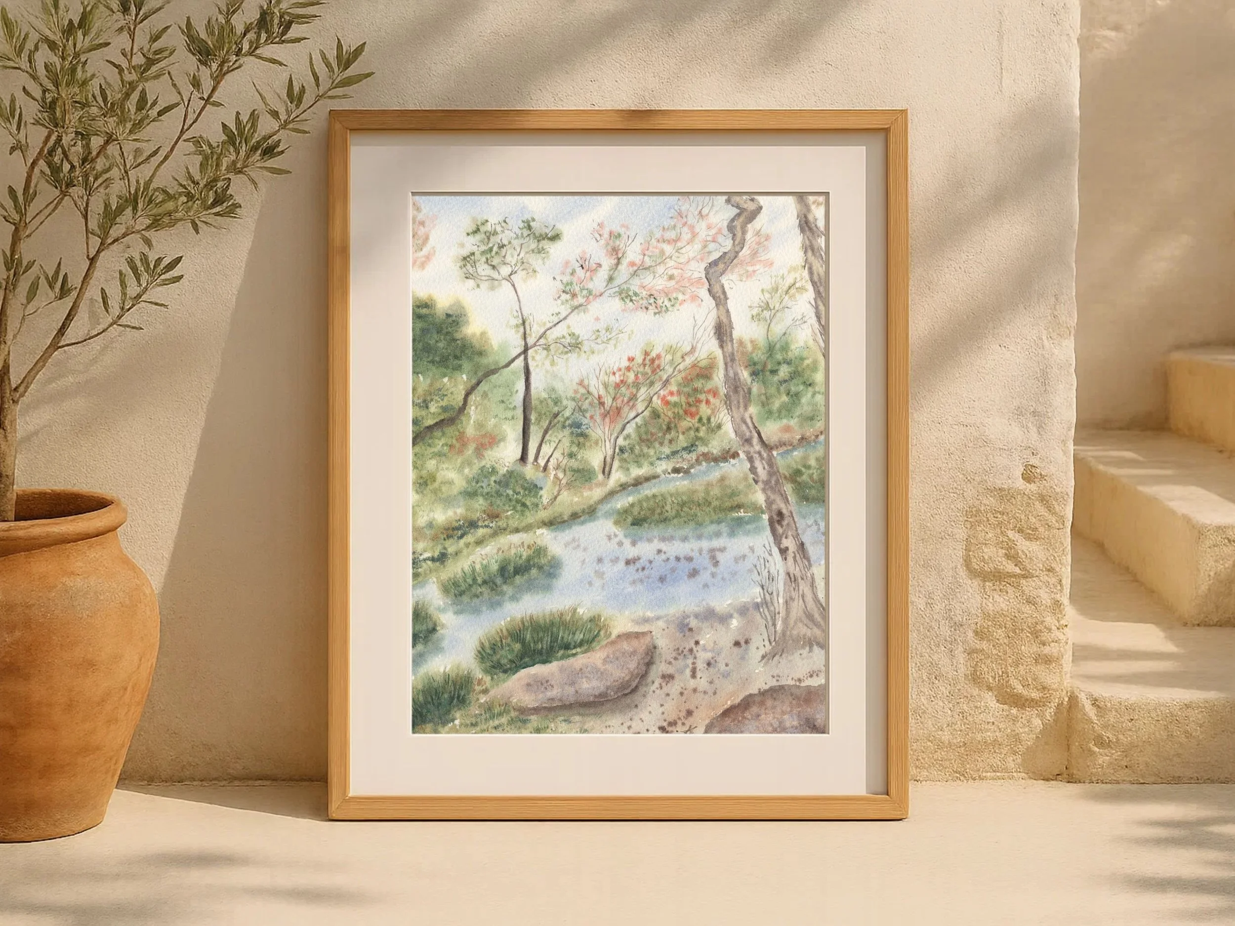 Woodland Landscape Art Print with Gentle Stream and Trees - Serene Nature Scene Forest Wall Art Poster 7.jpg