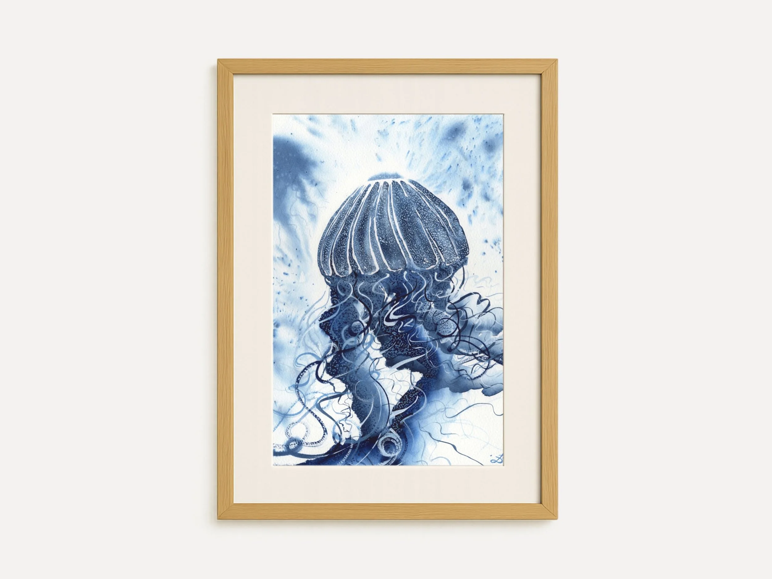 Blue Jellyfish Original Watercolor Painting, Ocean Marine Life Art, Deep Sea Creature Wall Decor, Nautical Coastal Artwork Blue Exlosion 4.jpg