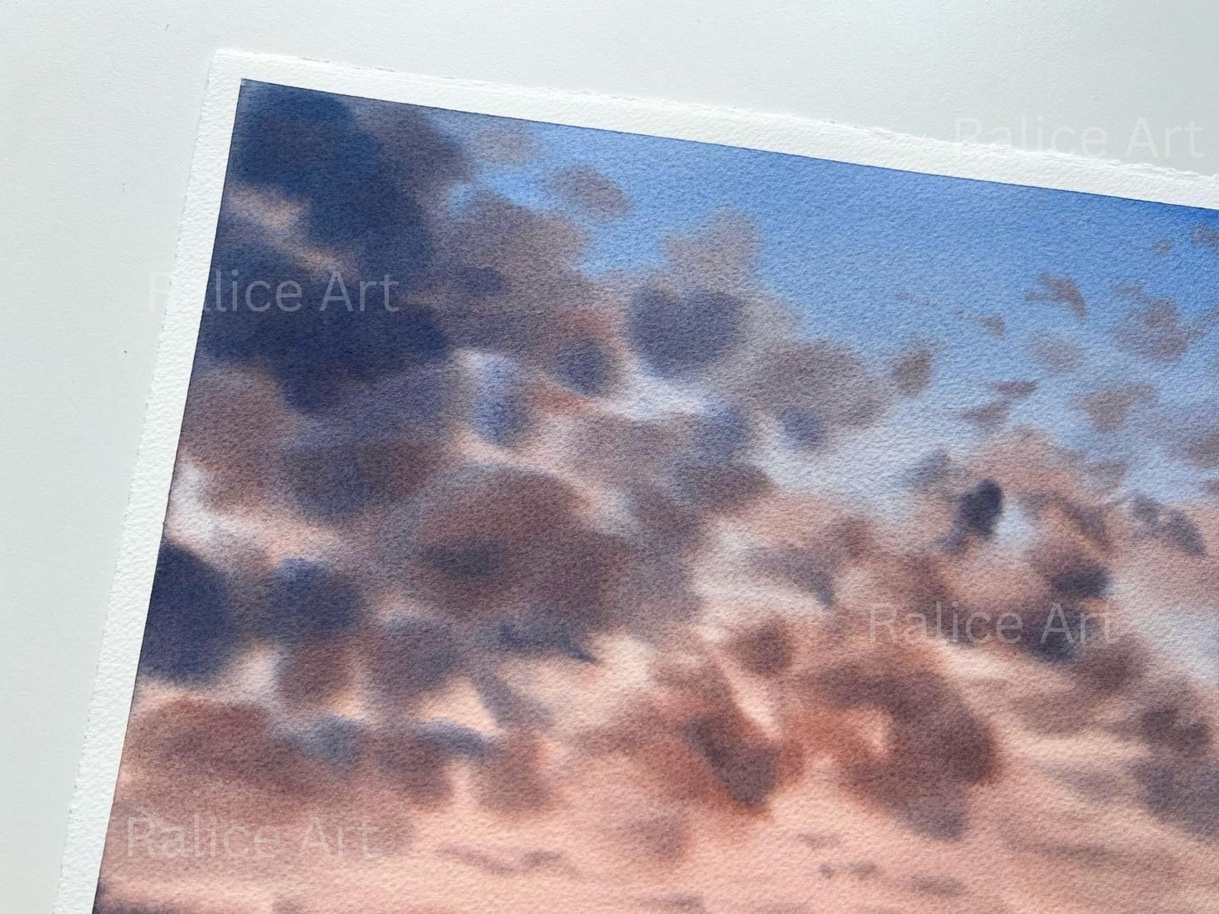 Move Forward Sunset Clouds Original Watercolor Painting, Cloudscape Wall Art Decor, Stormy Sky Clouds Duochrome Painting, Housewarming Gift by Ralice Art Closeup of upper left corner