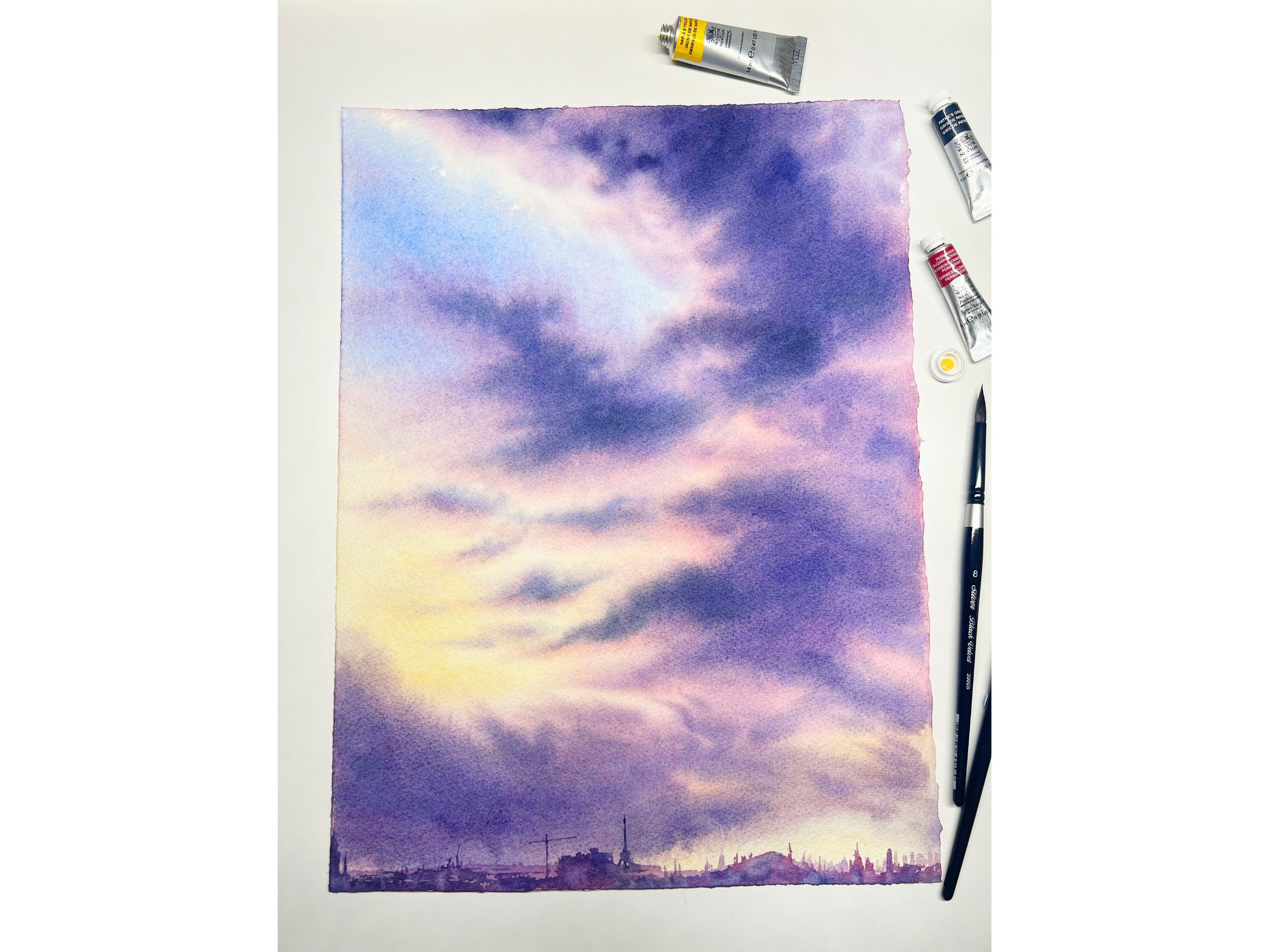 Purple Clouds - Original Watercolor Painting with painting supplies