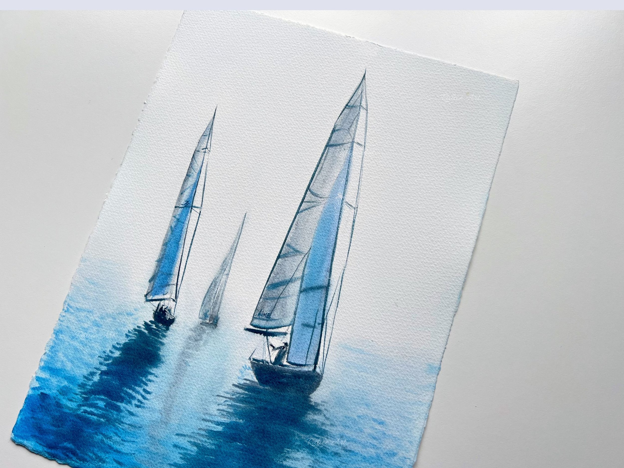 Je T'aime Ma Mer Rowing Regatta Original Watercolor Painting, Yachts Painting Sailing Boat Art Coastal Nautical Painting Mediterranean Decor