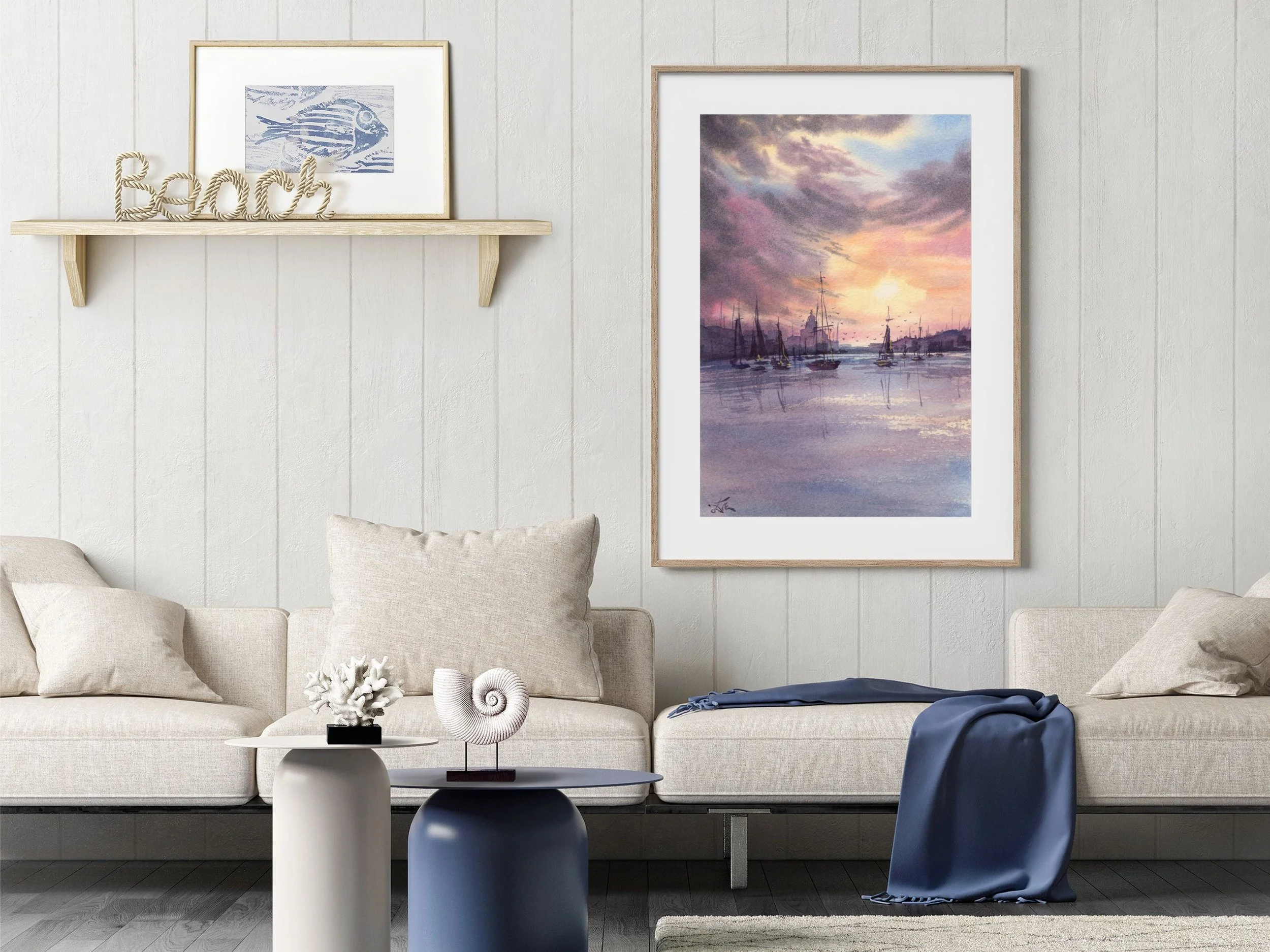 Sunset Harbor Archival Art Print, Watercolor Sailboat Painting Print, Coastal Marina Wall Art 4.jpg