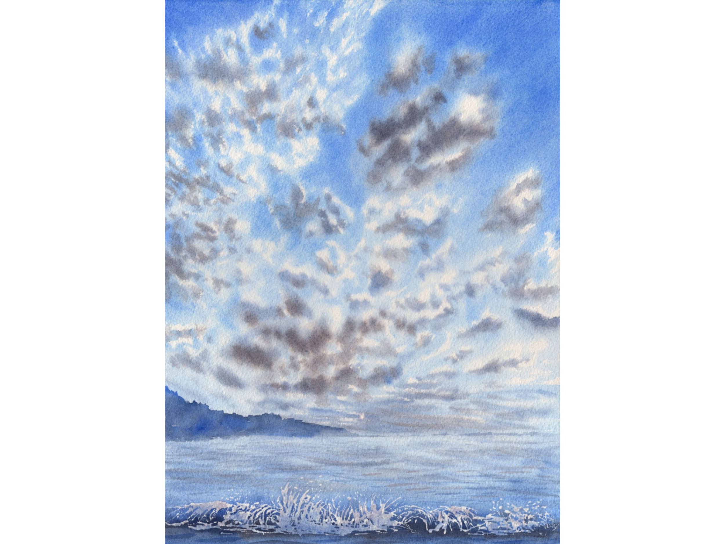 Clouds Fine Art Print, Fluffy Cirrocumulus Sky Watercolor Print, Blue Sky Wall Art, Minimalist Nature Decor.jpg