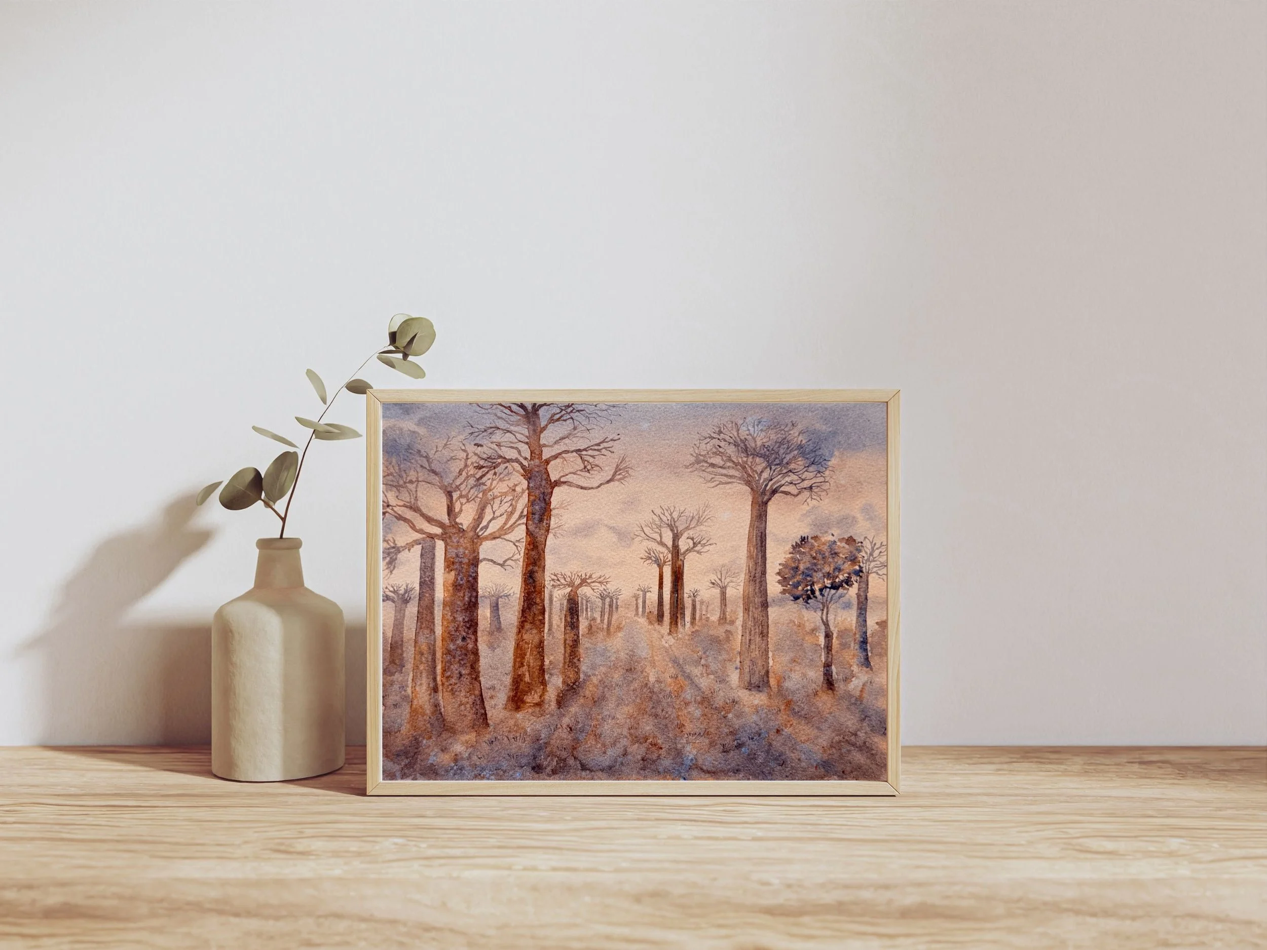 Original Watercolor Baobab Tree Landscape – African Inspired Sunset Forest Scene – Warm Earth Tone Nature Art 4.jpg