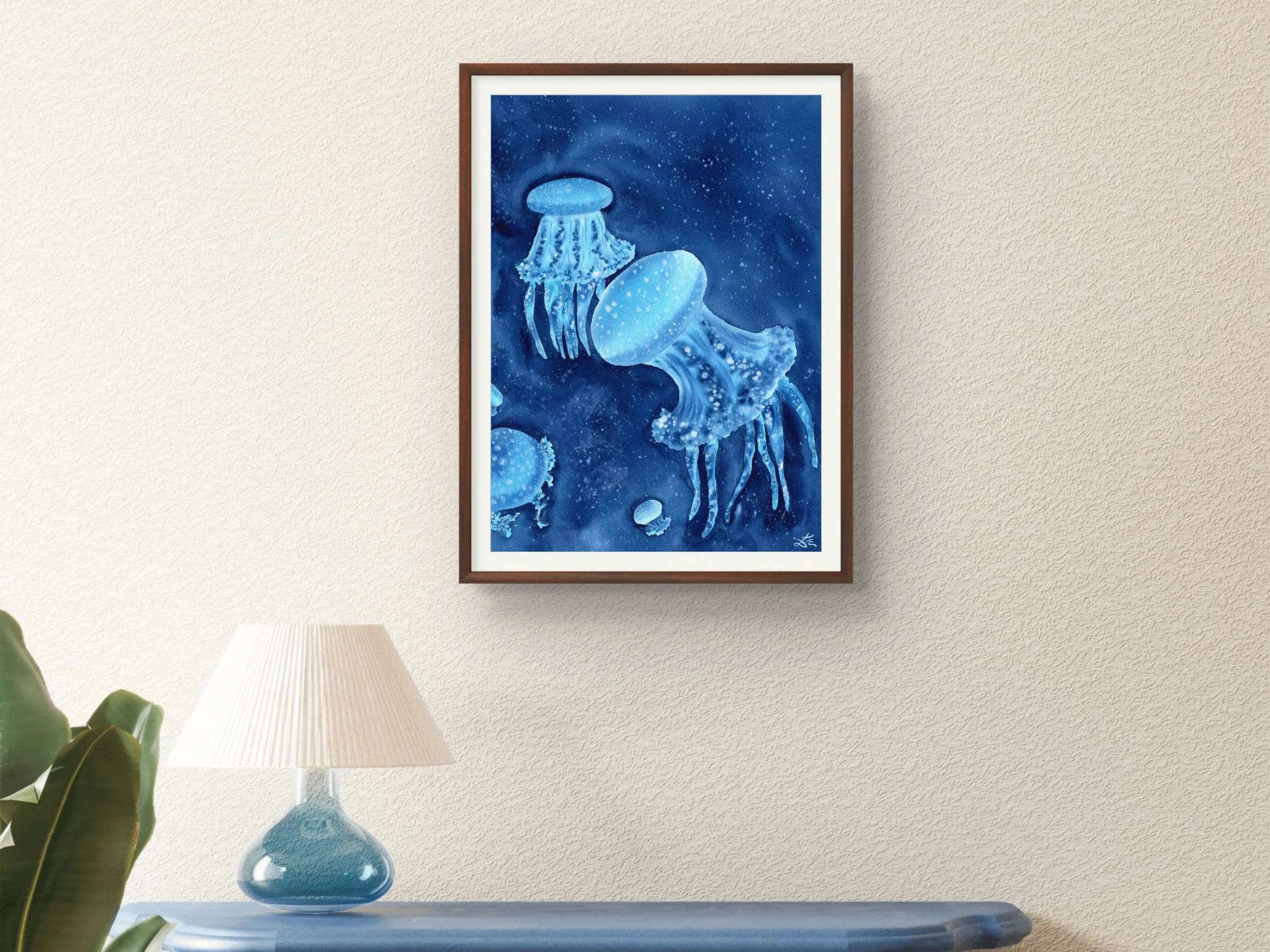 Blue Jellyfish Original Watercolor Painting, Ocean Marine Life Art, Deep Sea Creature Wall Decor, Nautical Coastal Artwork 10.jpg