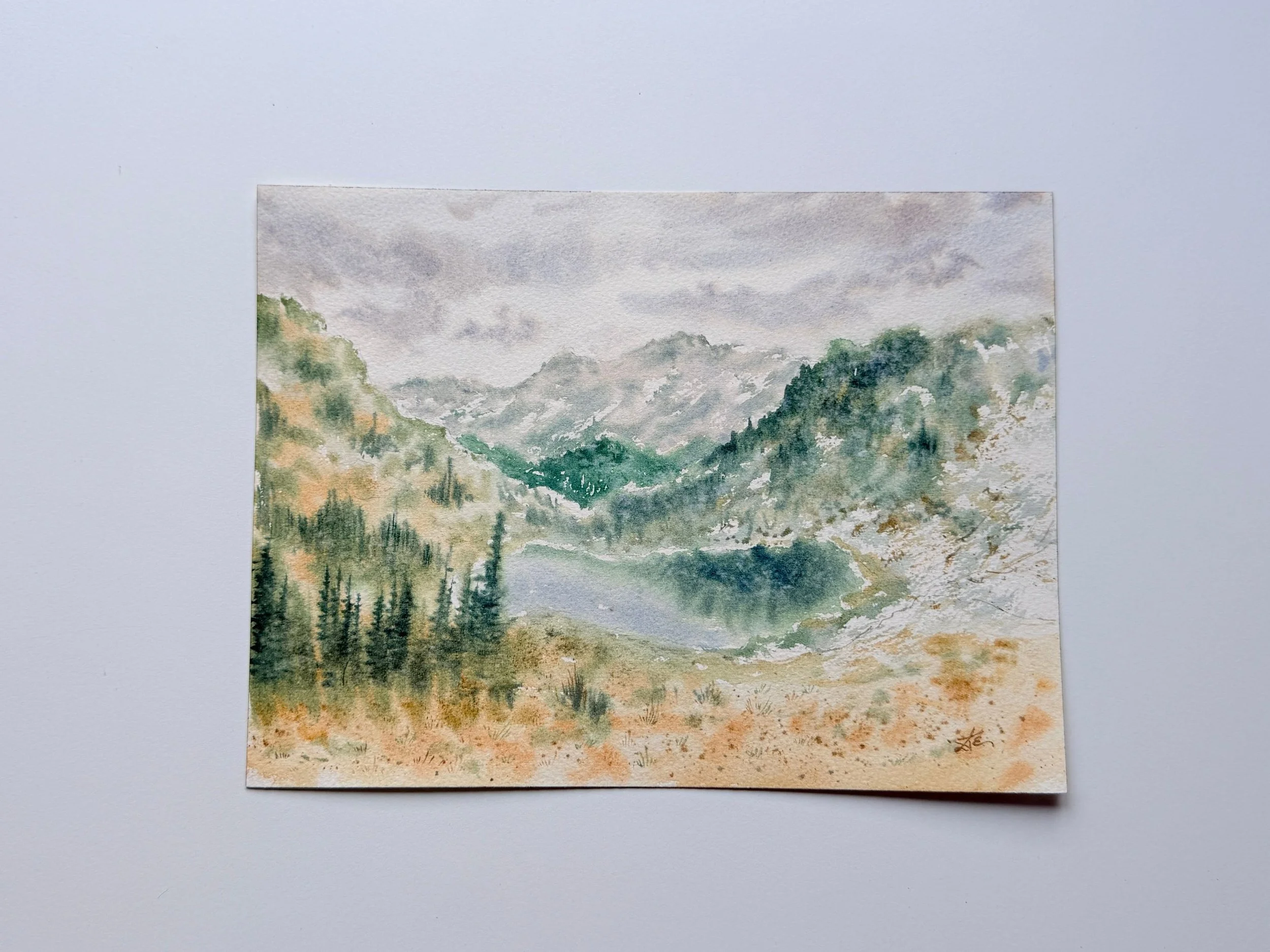 Original Watercolor Alpine Valley Painting, Mountain Lake Landscape, Lush Green Hills, Hand Painted Nature Art 6.jpg
