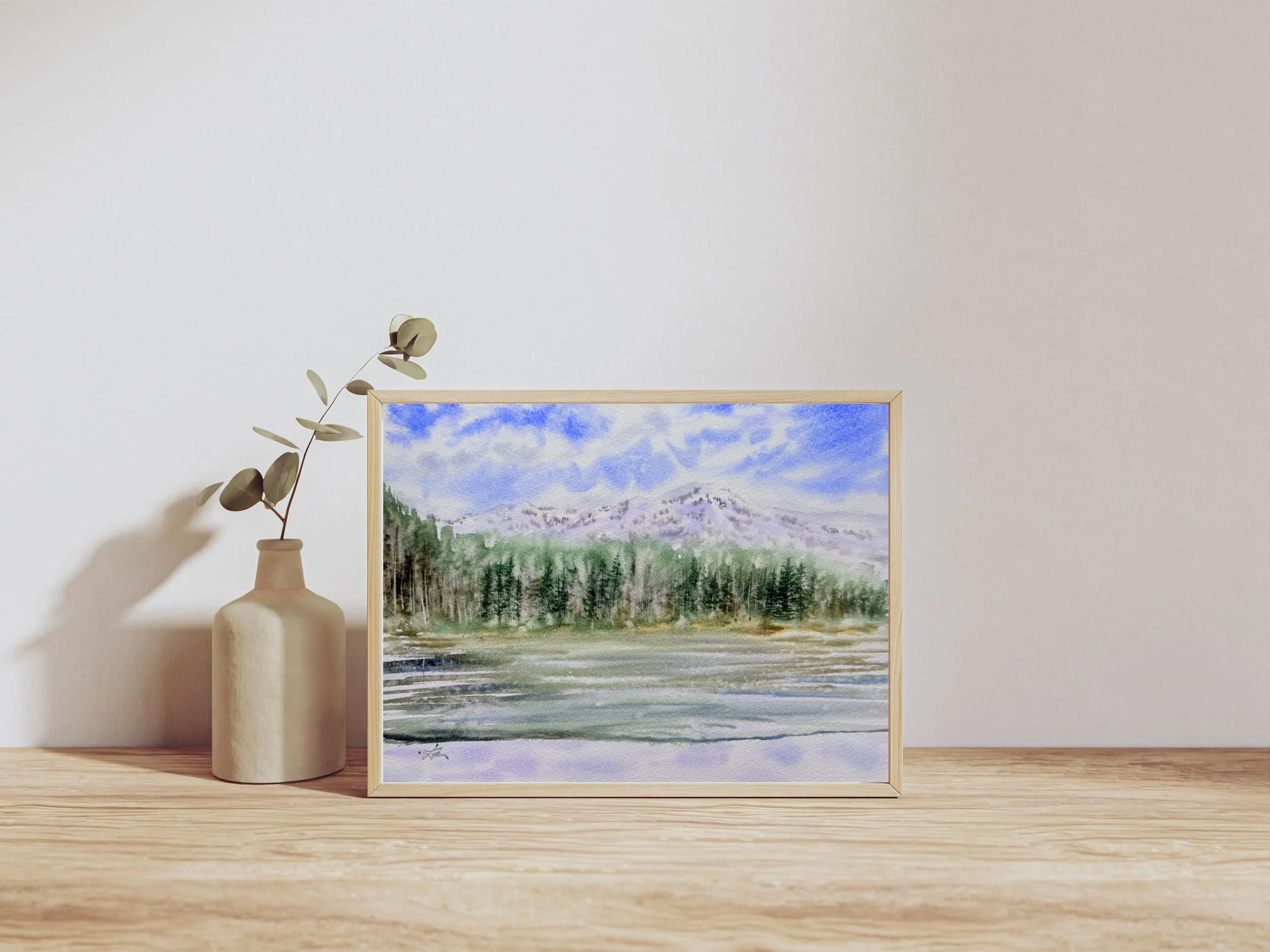 Original Watercolor Forest Lake Painting, Misty Pines and Calm Water, Atmospheric Nature Landscape, Hand Painted 4.jpg