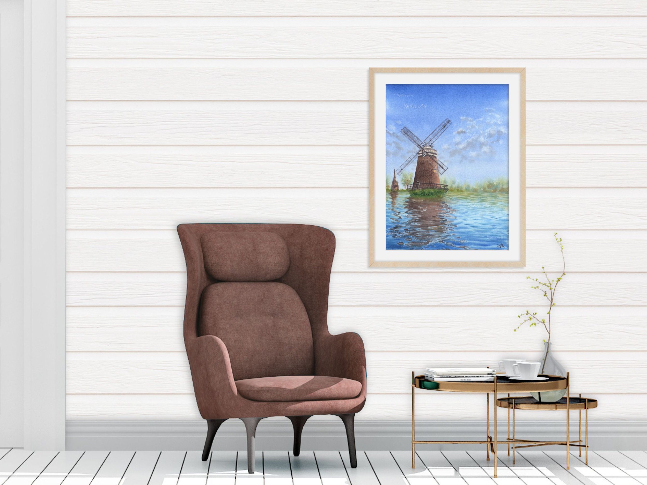 Windmill's Reflections Watercolor Painting | Landscape Wall Art for Lakehouse & Farmhouse | Impressionistic Artwork Decor in a living room