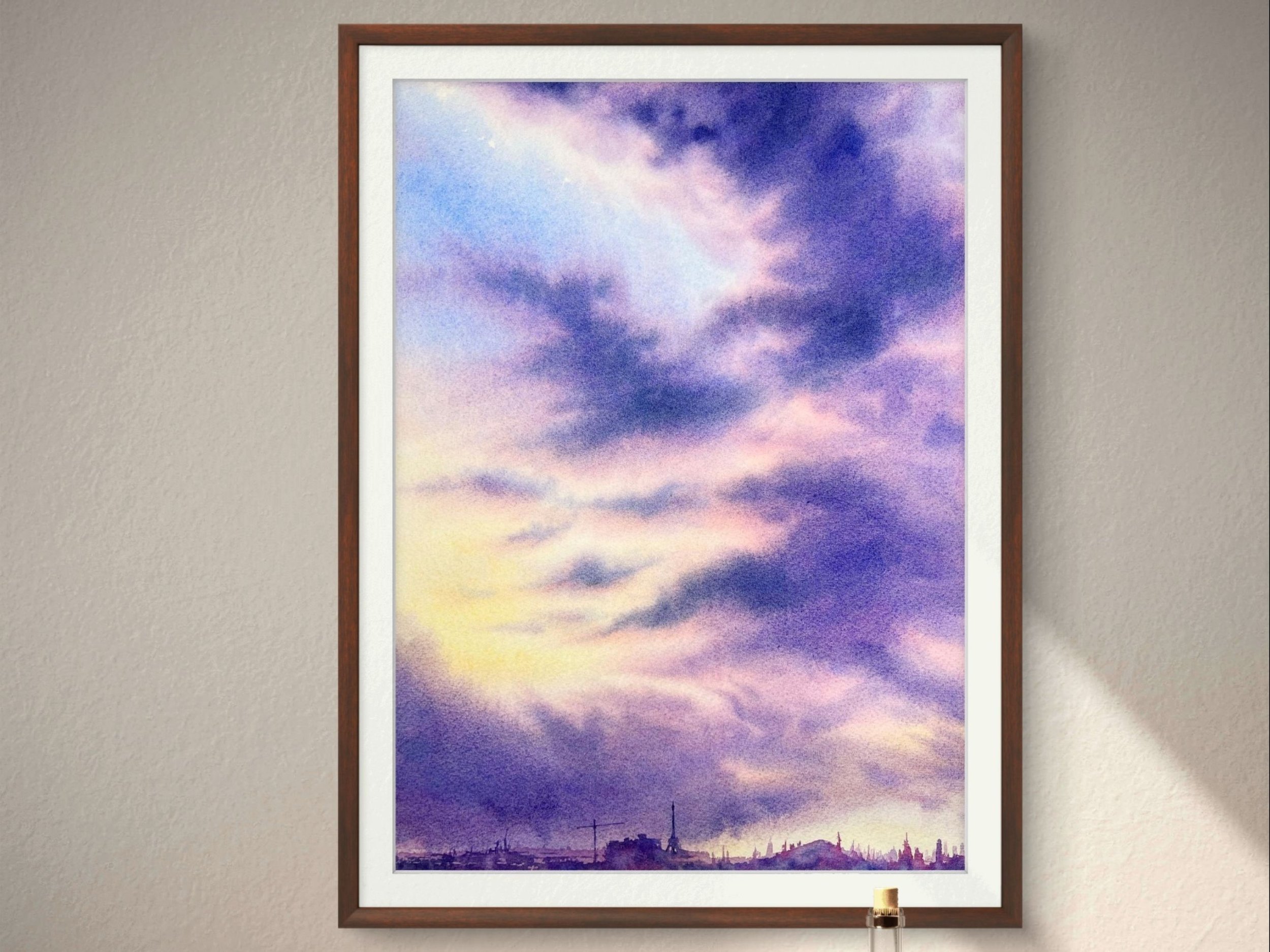 Sunset Cloud Paingting Purple Clouds - Original Watercolor Painting in setting on a shelf