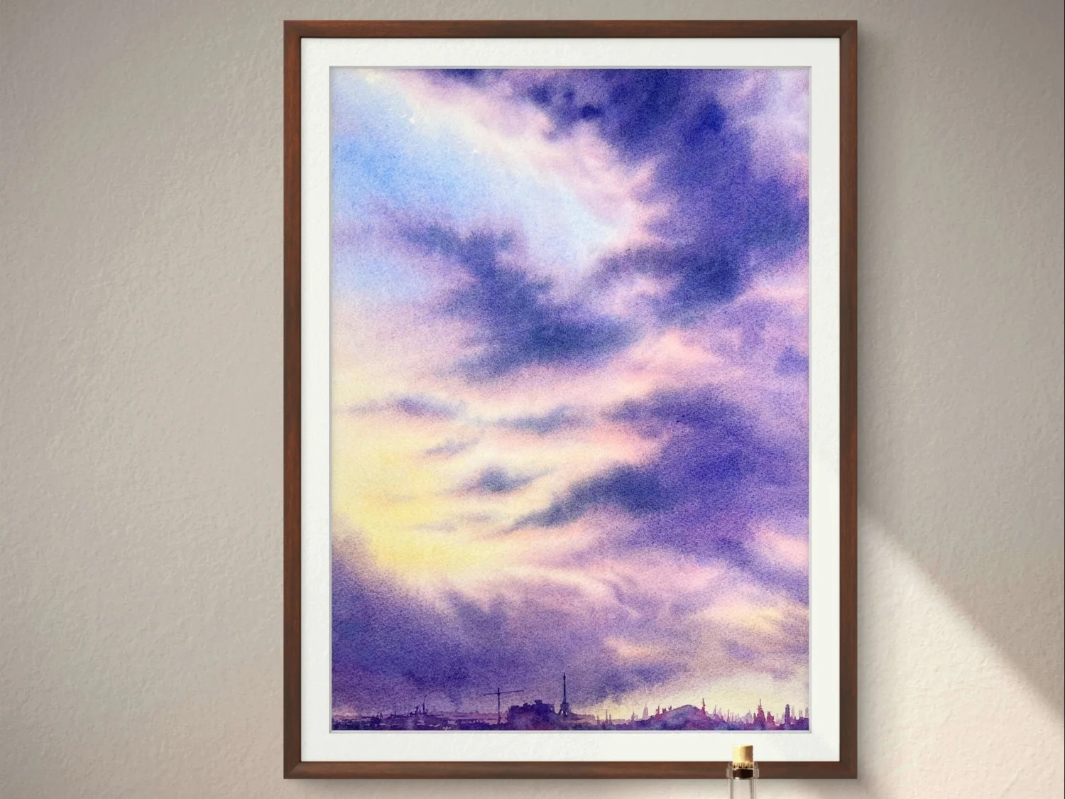 Sunset Cloud Paingting Purple Clouds - Original Watercolor Painting  in setting on a shelf