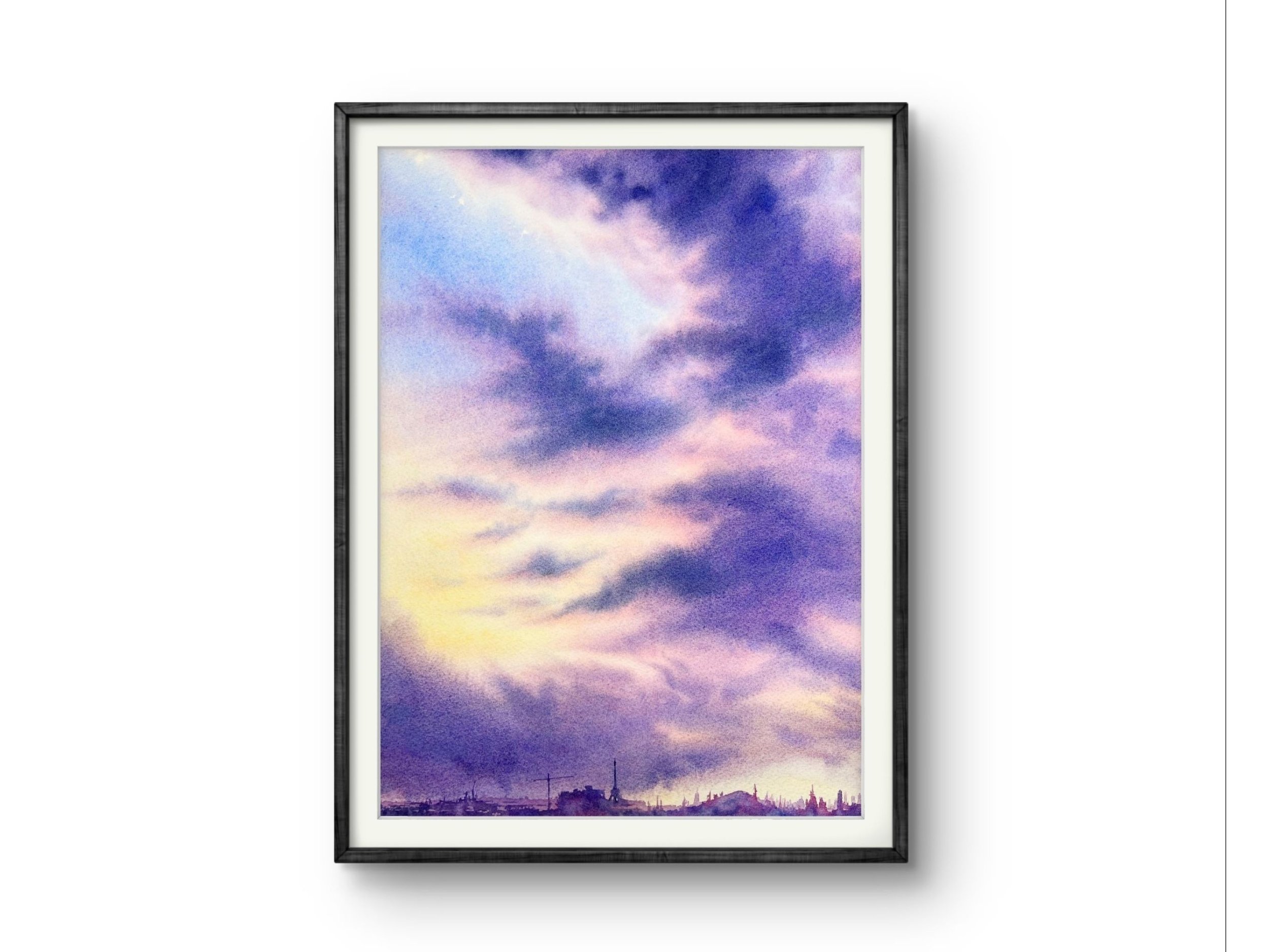 Sunset Cloud Paingting Purple Clouds - Original Watercolor Painting in setting on plain white wall