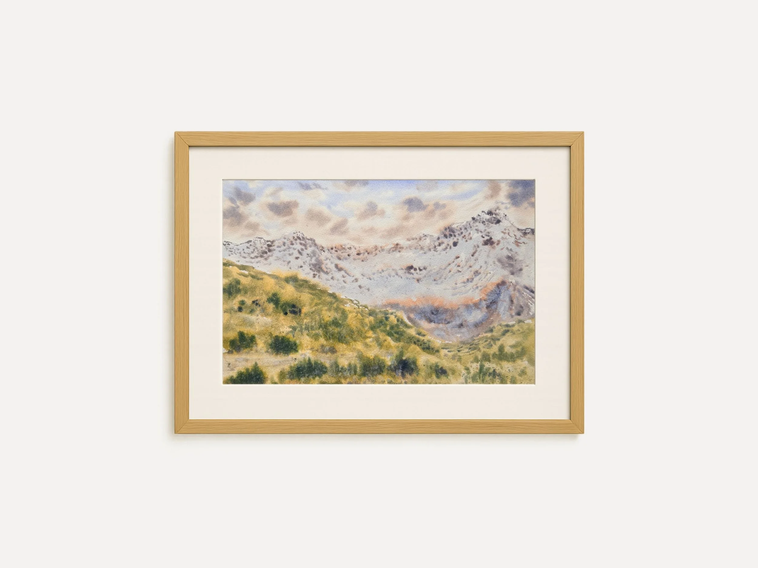 Mountain Valley Landscape Original Watercolor Painting, lush green Nature Art, Alpine Hills Wall Decor 2.jpg