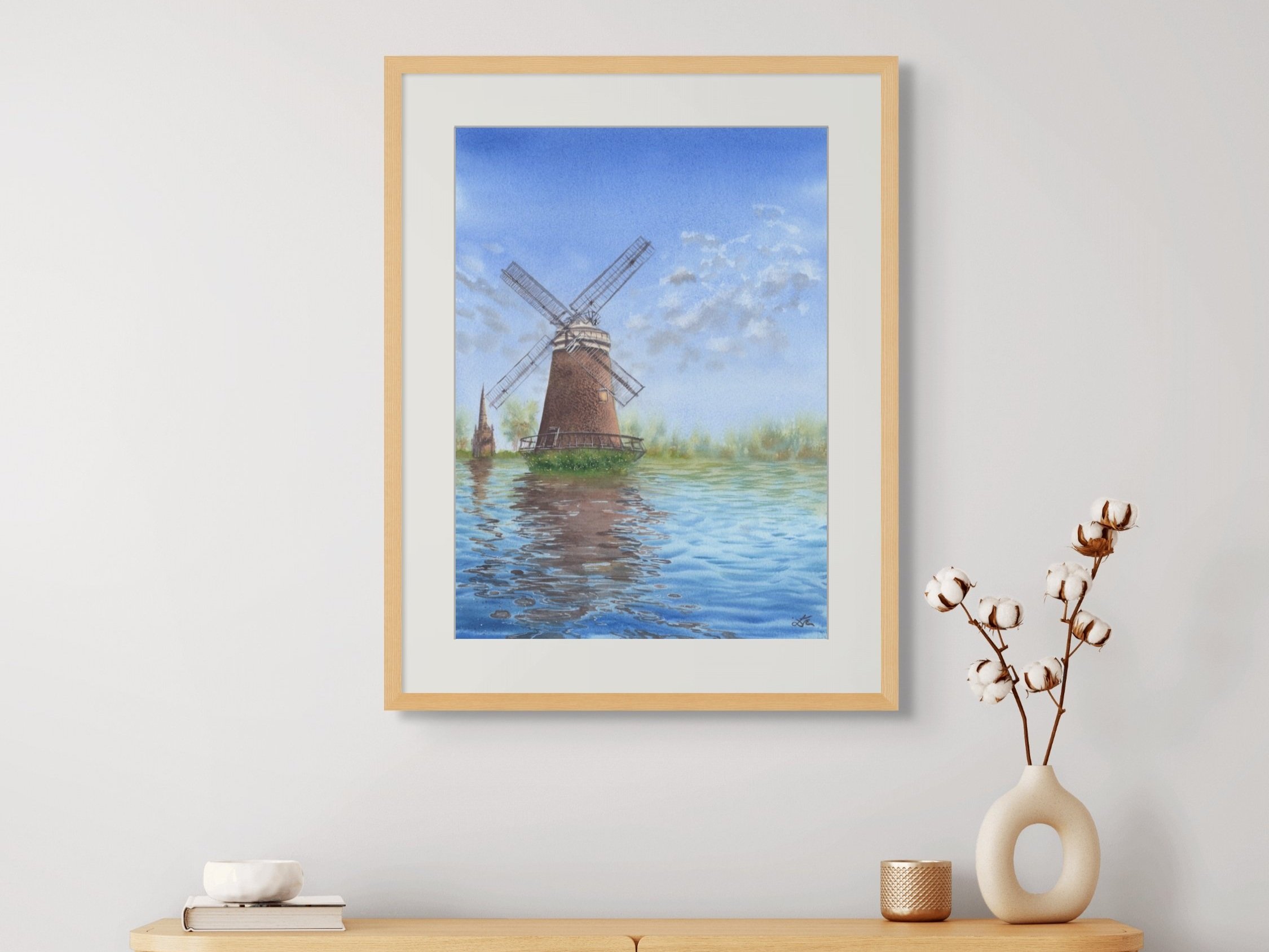 Windmill's Reflections Giclee Fine Art Print Printed on Luxurious Gallery-Quality Matte Paper Framed in a Hallway Setting