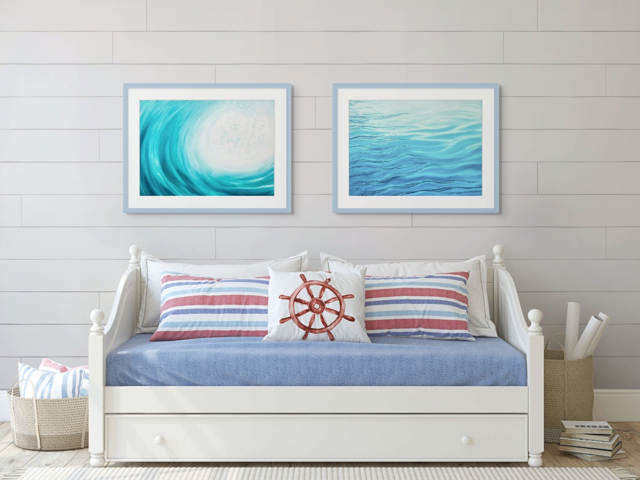 Framed watercolor painting "Blue Serenity" staged in a coastal inspired living room. Elegant and calming wave art for a serene atmosphere.