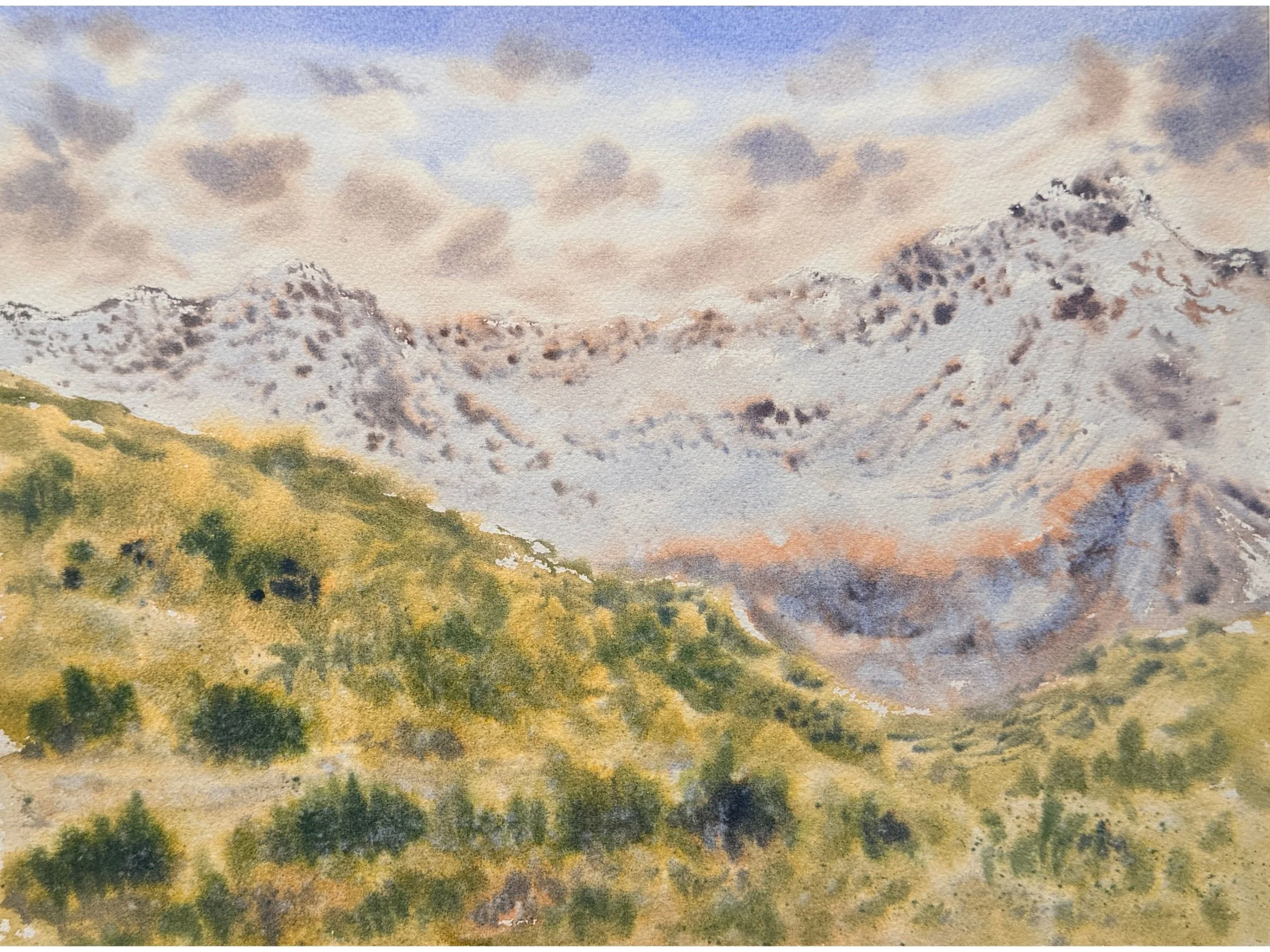 Mountain Valley Landscape Original Watercolor Painting, lush green Nature Art, Alpine Hills Wall Decor.jpg