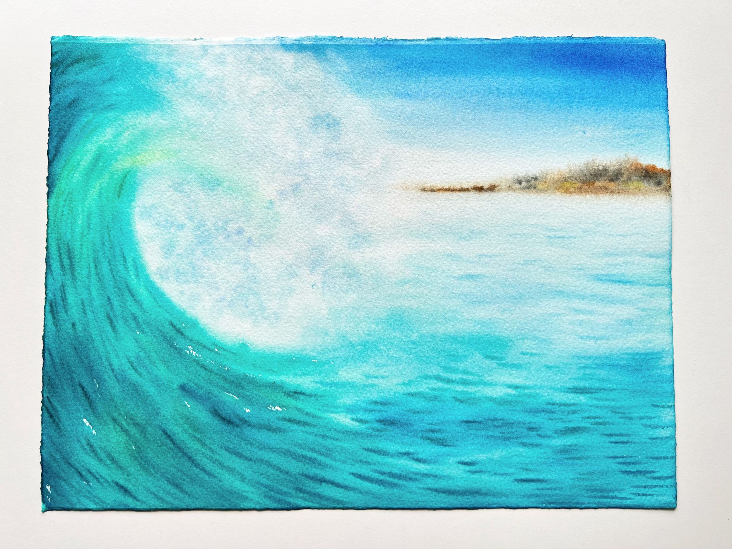 Closeup of a crashing wave watercolor painting with blue and green turquoise hues, showcasing dynamic brushstrokes and vivid movement with my hand for a scale.