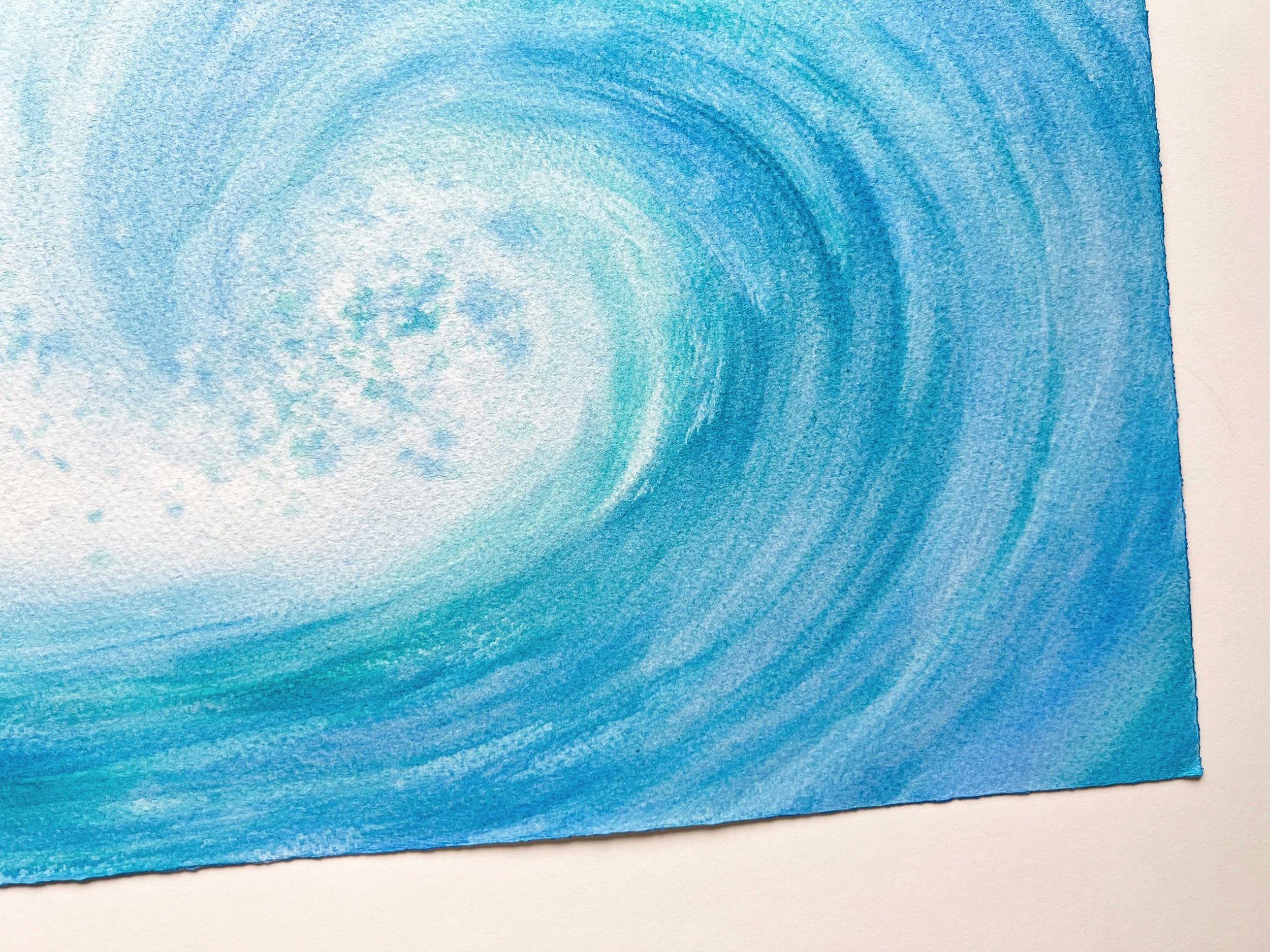 Closeup of a "Time for Surfing" original watercolor painting that captures the thrill and energy of the sea. A dynamic painting of a powerful wave, perfect for ocean lovers.