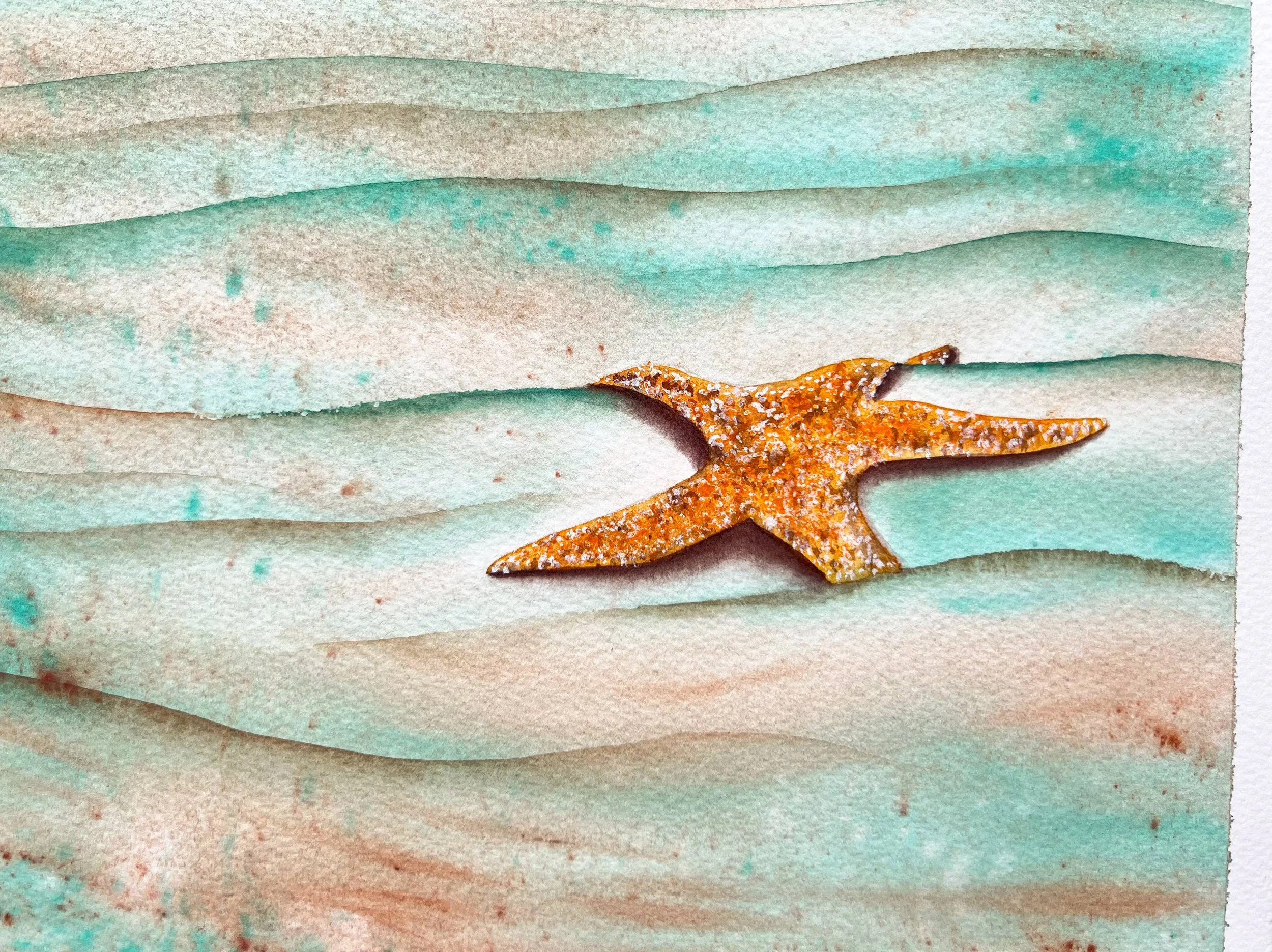 Close up from Starfish Watercolor Painting Framed in light oak frame. This is underwater Marine Life Art for Kids