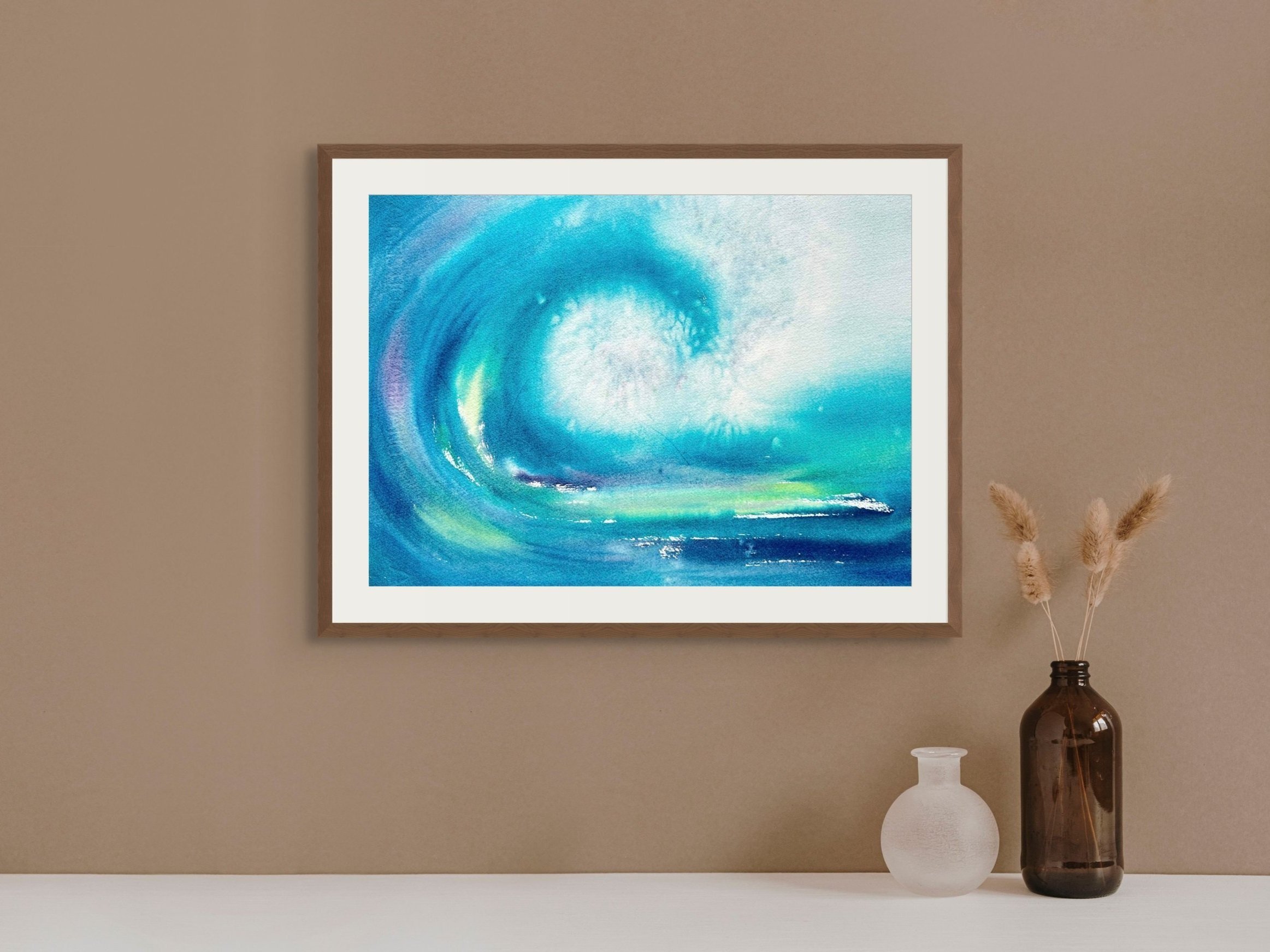 Vibrant sailing yacht watercolor painting in turquoise green, elegantly staged in a corridor, adding a touch of adventure and style to your home.