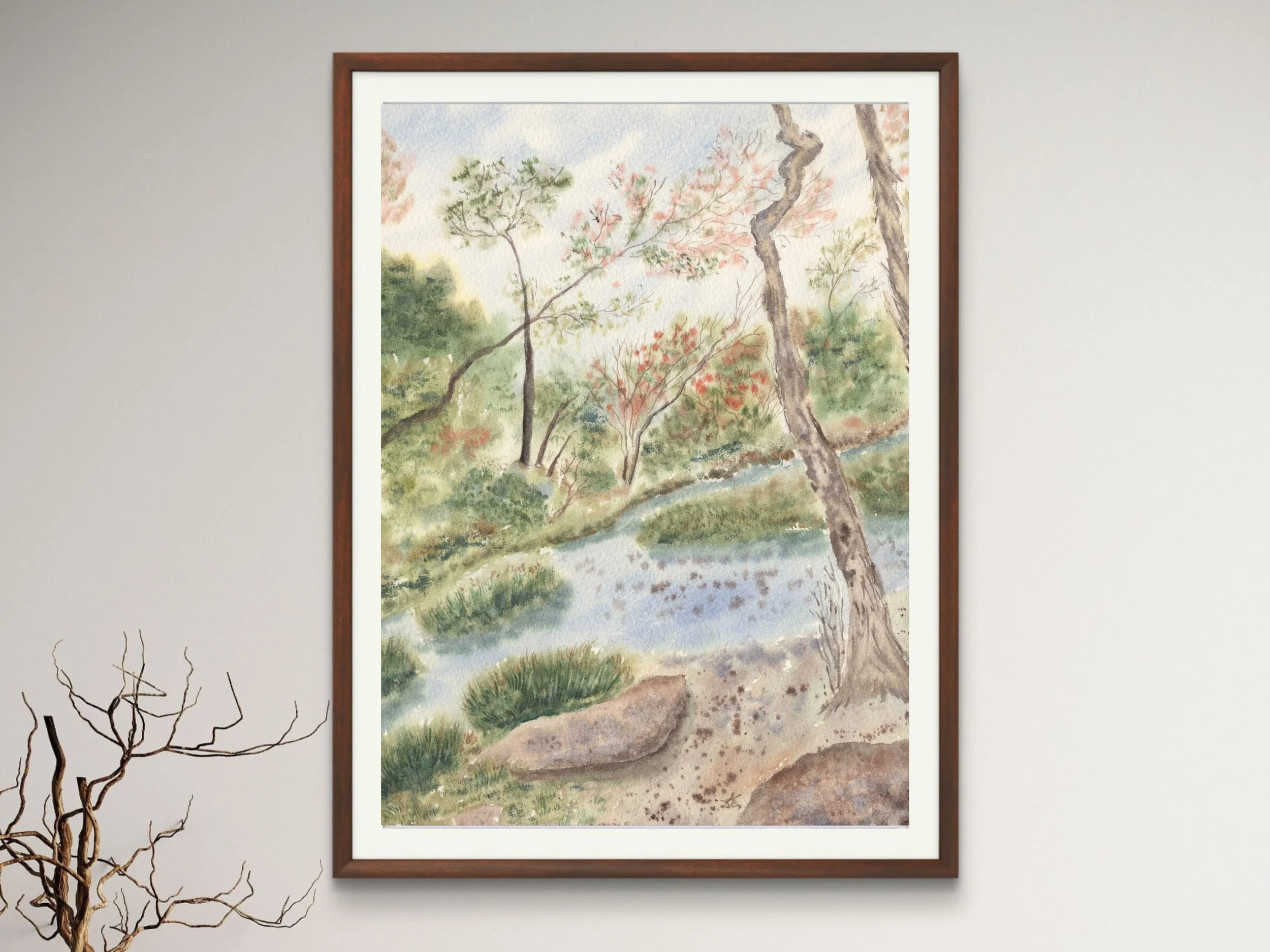 Woodland Landscape Art Print with Gentle Stream and Trees - Serene Nature Scene Forest Wall Art Poster 13.jpg