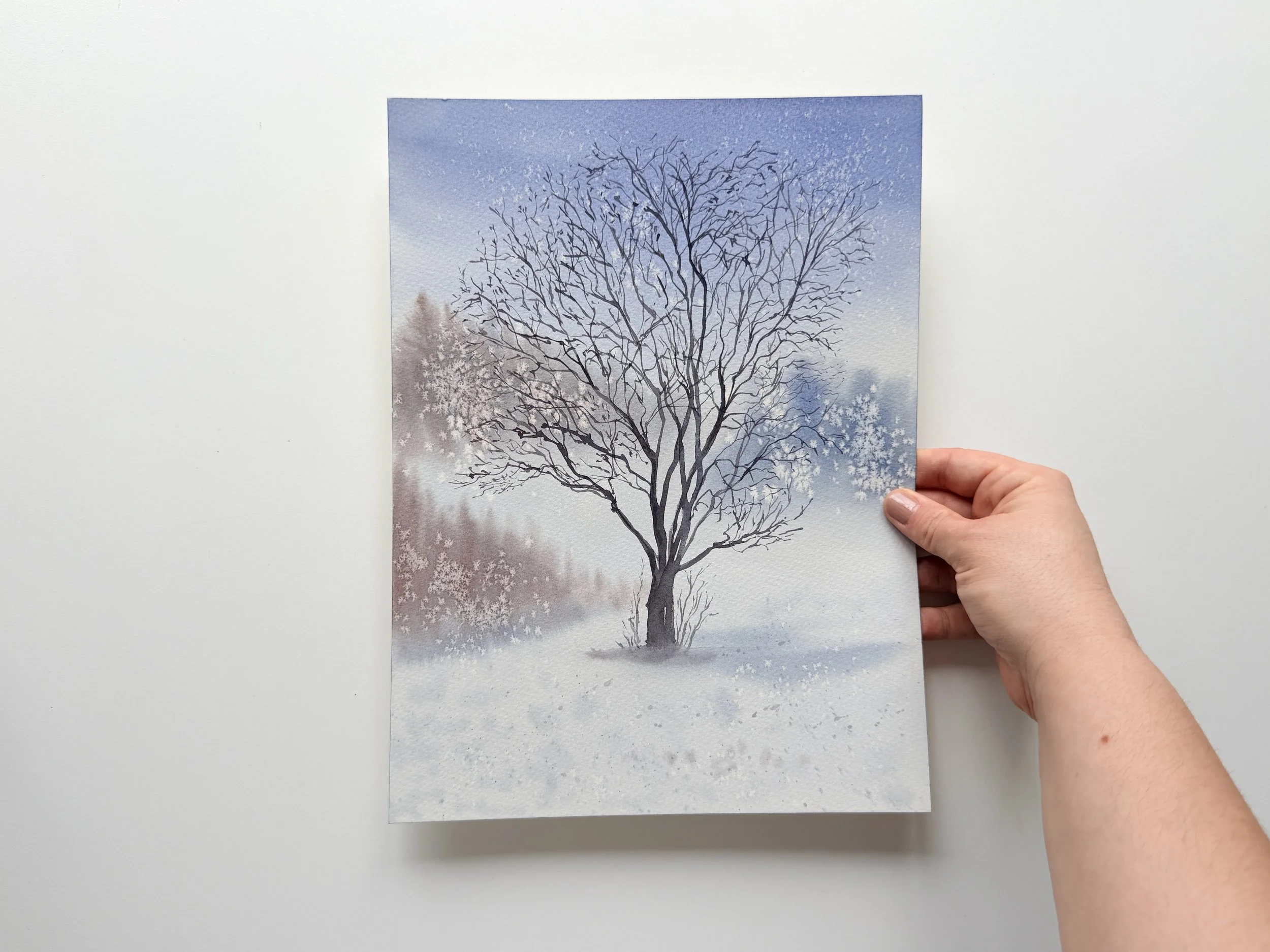Original Watercolor Bare Tree Painting, Solitary Deciduous Tree, Misty Minimal Landscape Art 8.jpg