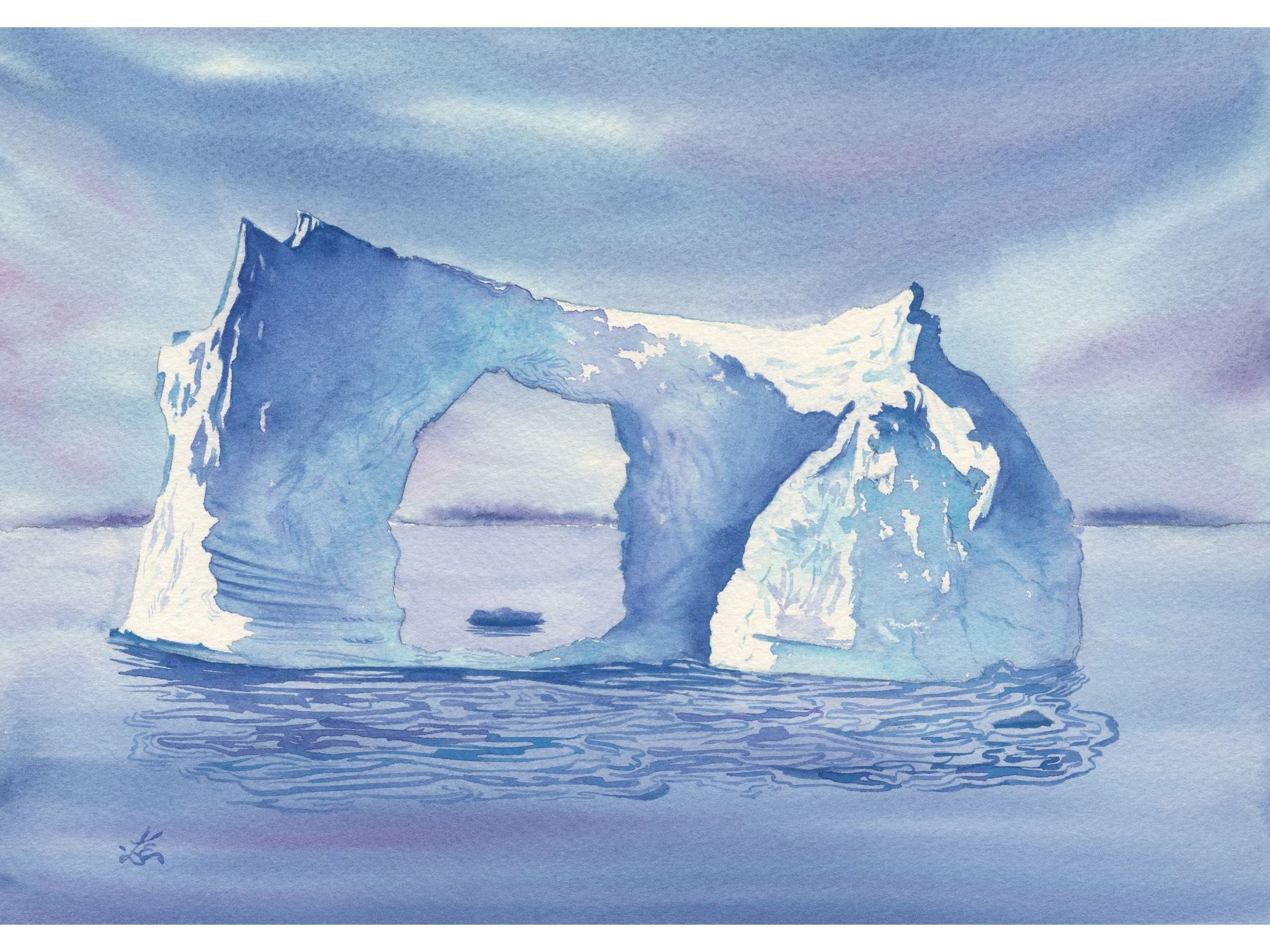 Iceberg Arch Watercolor Art Print, Polar Ocean Landscape Wall Art, Arctic Seascape.jpg