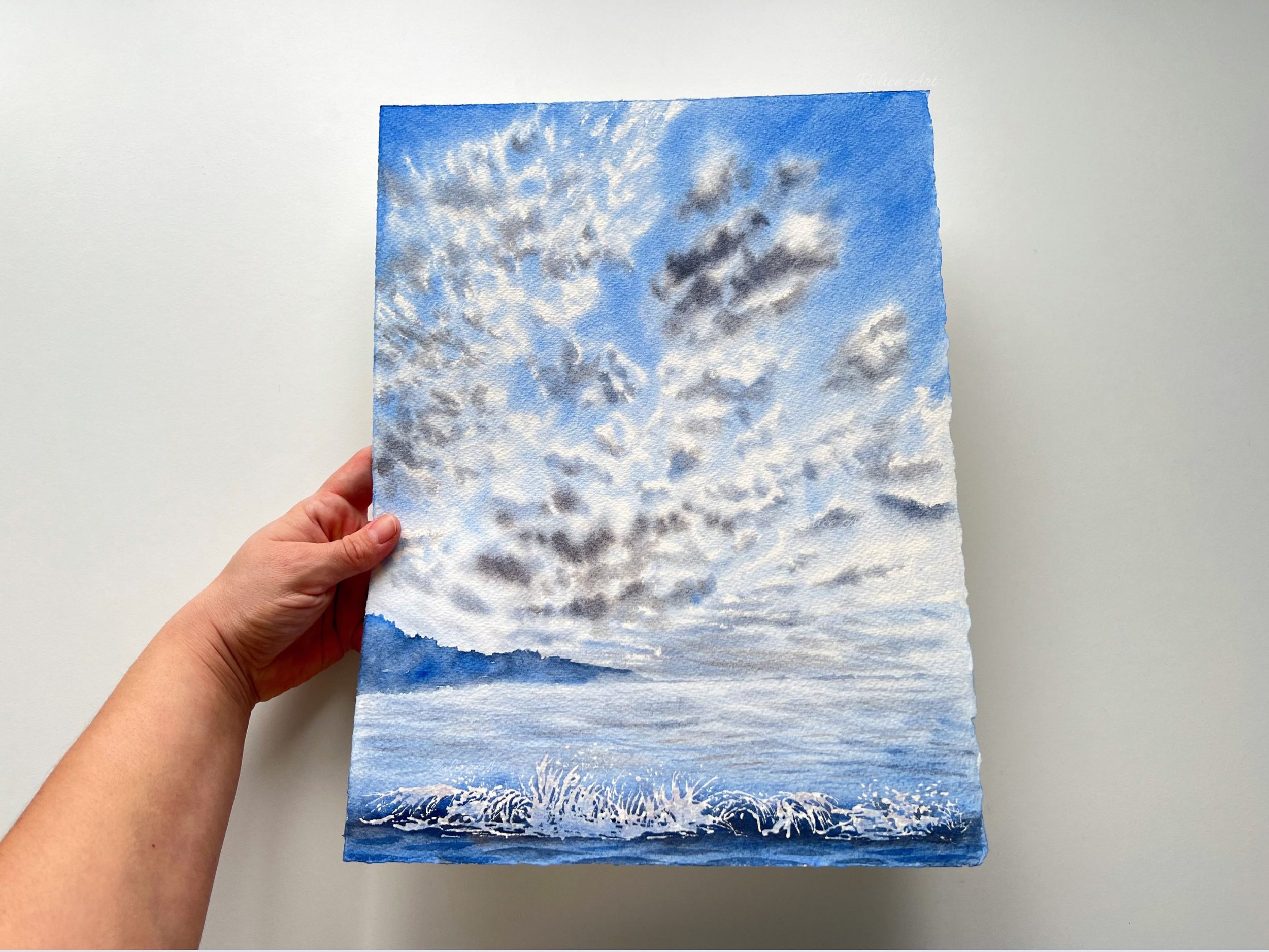 Fluffy Cirrocummulus Clouds Original Watercolour Painting on Paper by Ralitsa Arnaudova Ralice Art unframed closeup in my hand