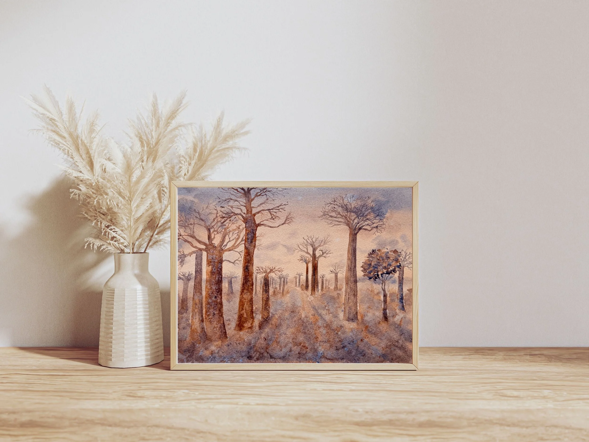 Original Watercolor Baobab Tree Landscape – African Inspired Sunset Forest Scene – Warm Earth Tone Nature Art 3.jpg