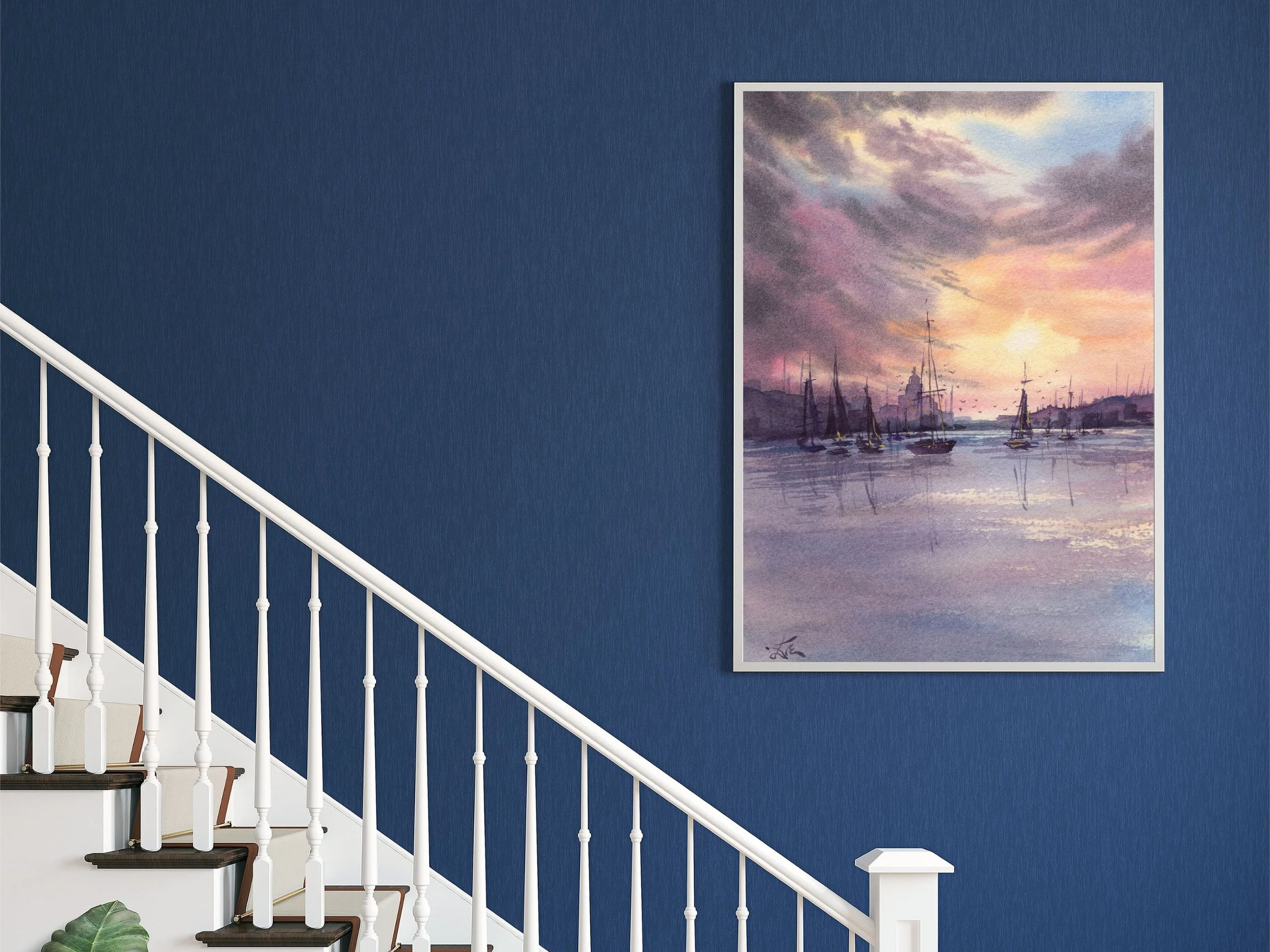 Sunset Harbor Archival Art Print, Watercolor Sailboat Painting Print, Coastal Marina Wall Art 5.jpg