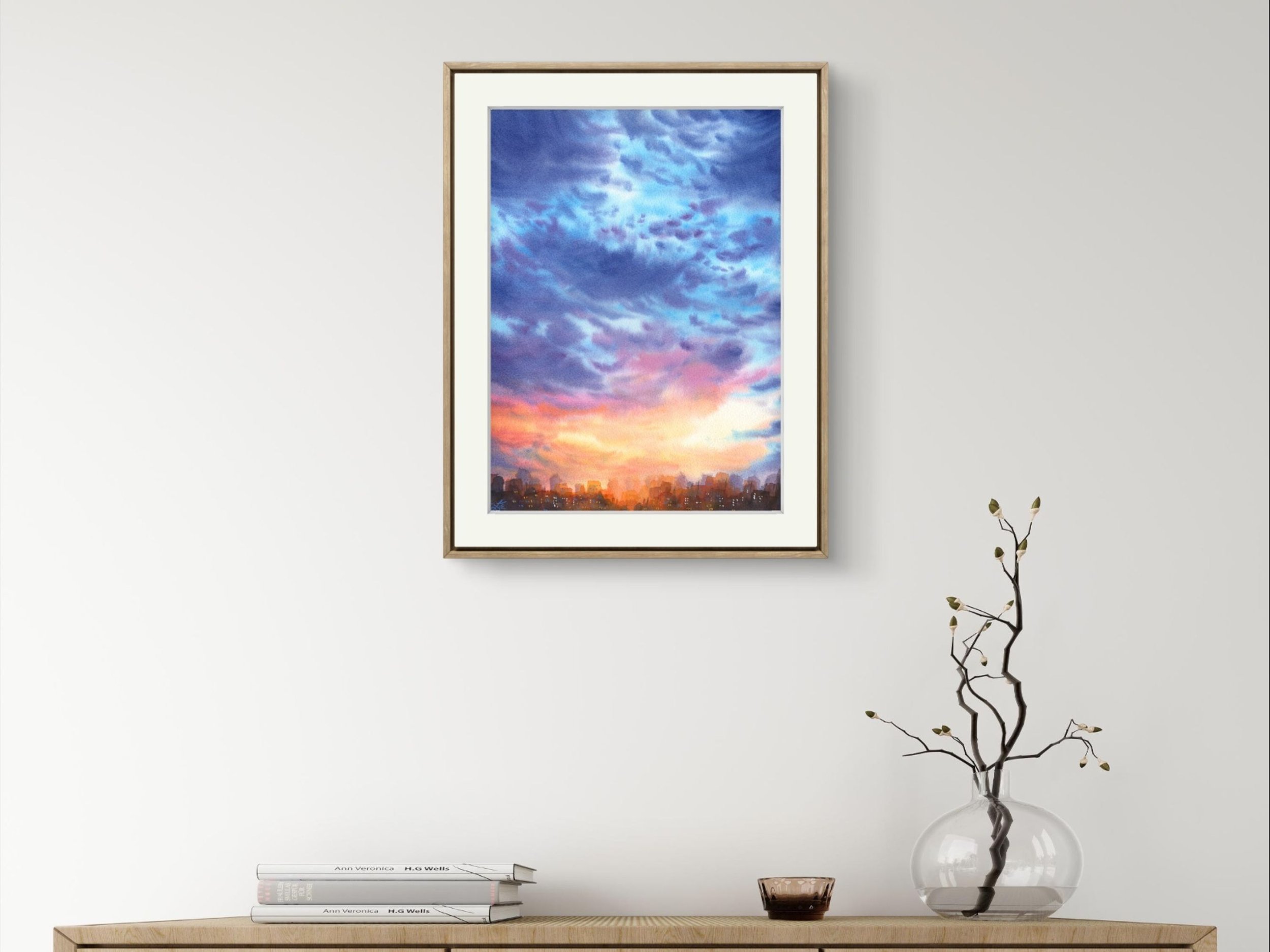 Blue Sunset Clouds Painting, Cloudscape Painting, Original Watercolor Painting, Sunset Sky Painting, New Home Gift Ideas, Housewarming Gift