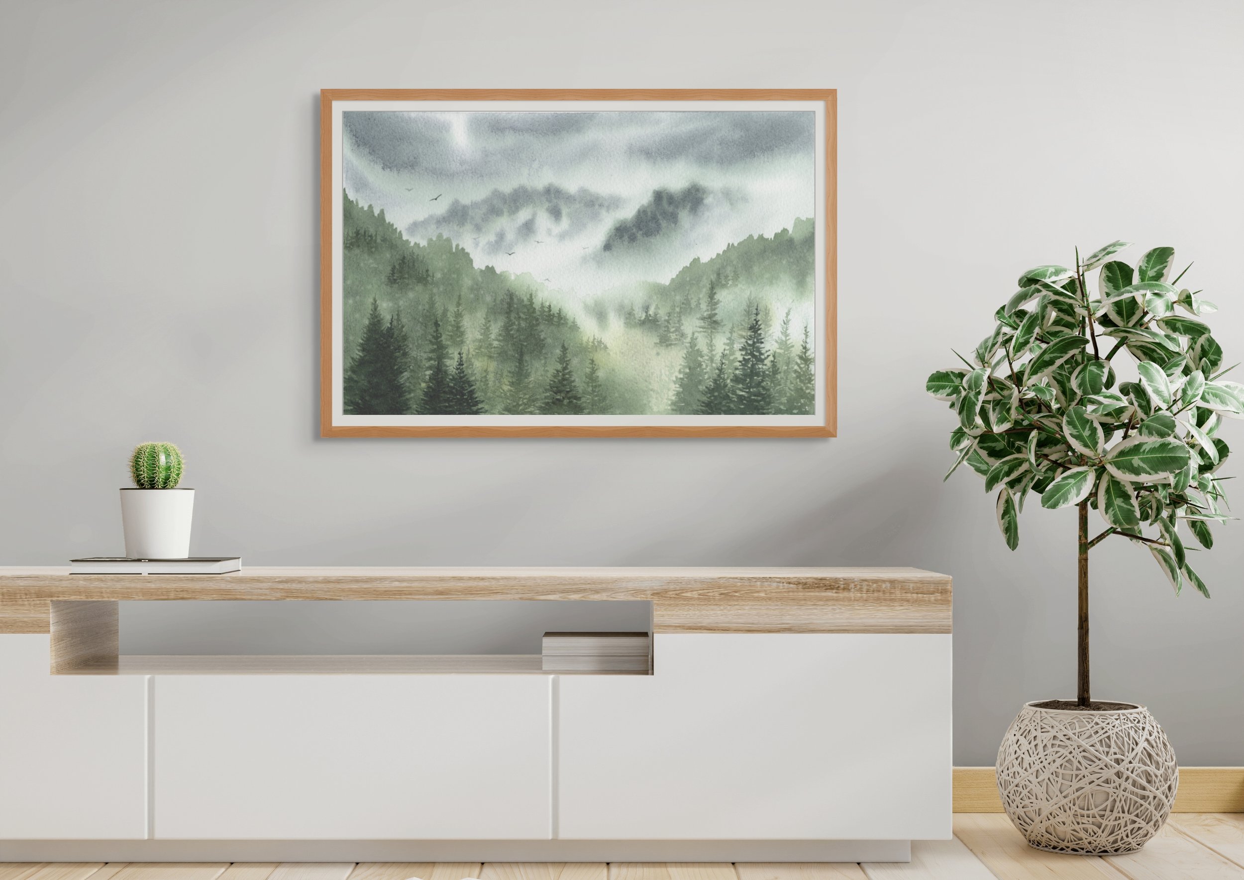 Misty Forest with Pine Trees Giclee Fine Art Print Printed on Luxurious Gallery-Quality Matte Paper in a Room Setting