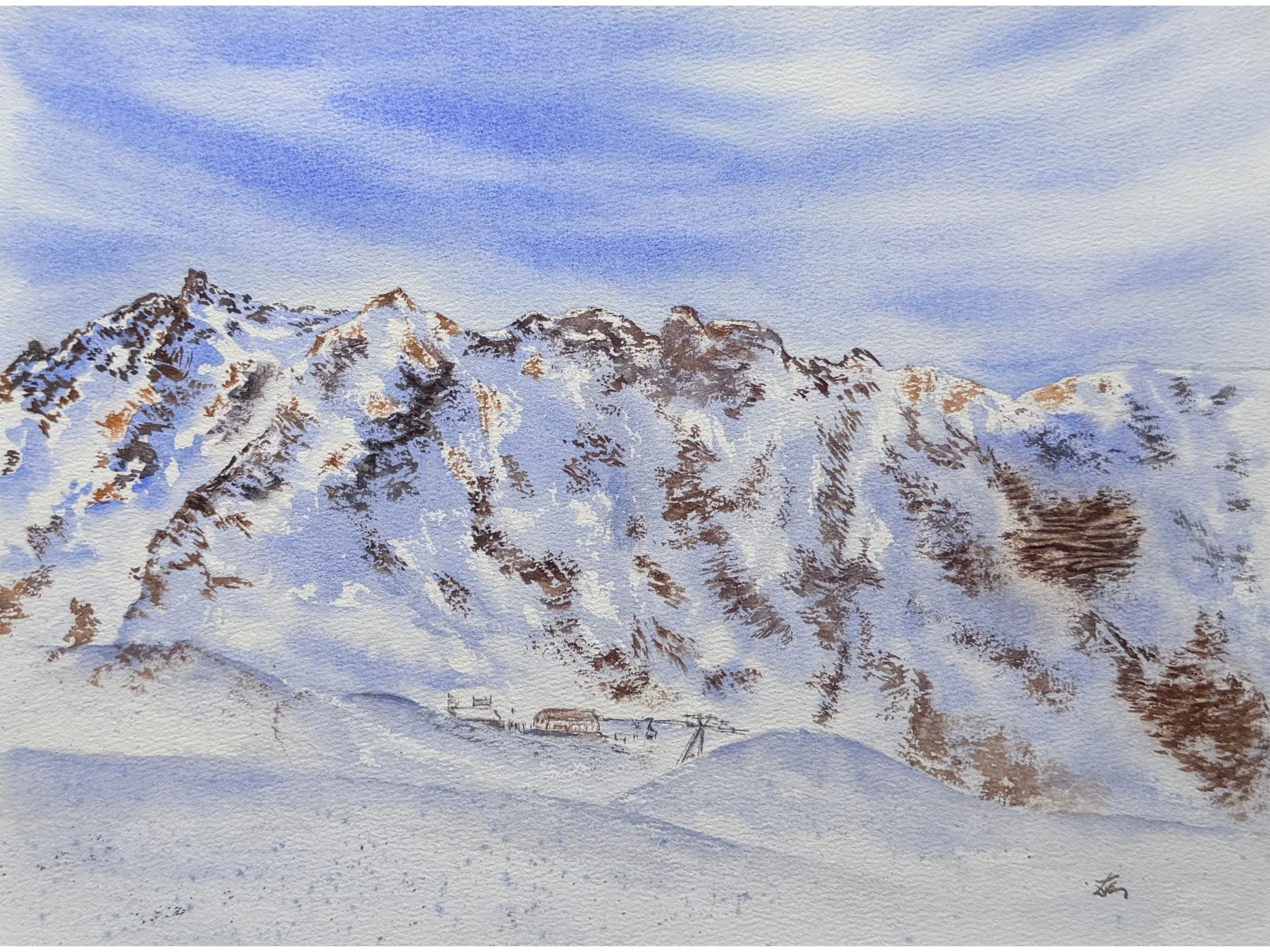 Snowy Mountain Landscape Original Watercolor Painting with Cabin, Winter Alpine Wall Art, Minimalist Nature Decor.jpg