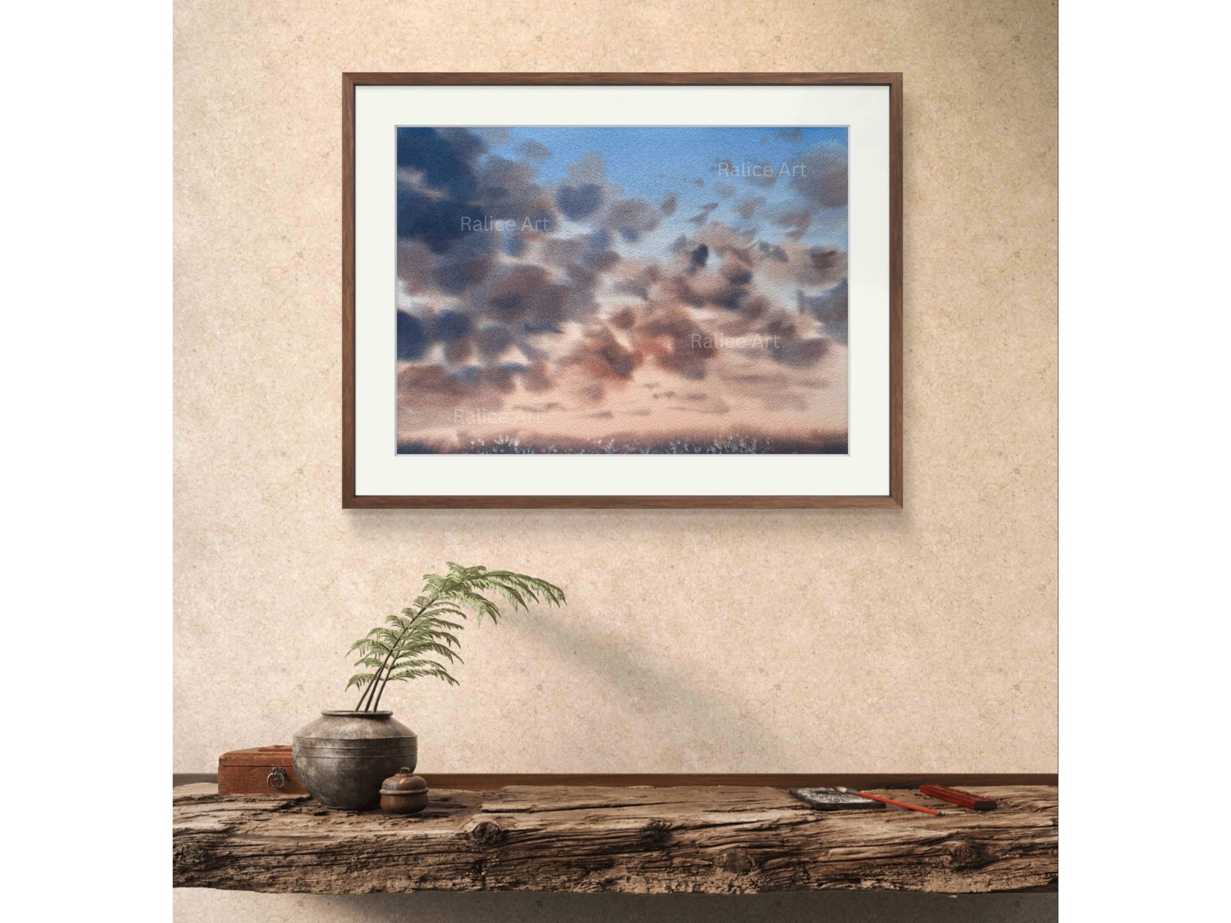 Move Forward Sunset Clouds Original Watercolor Painting, Cloudscape Wall Art Decor, Stormy Sky Clouds Duochrome Painting, Housewarming Gift by Ralice Art