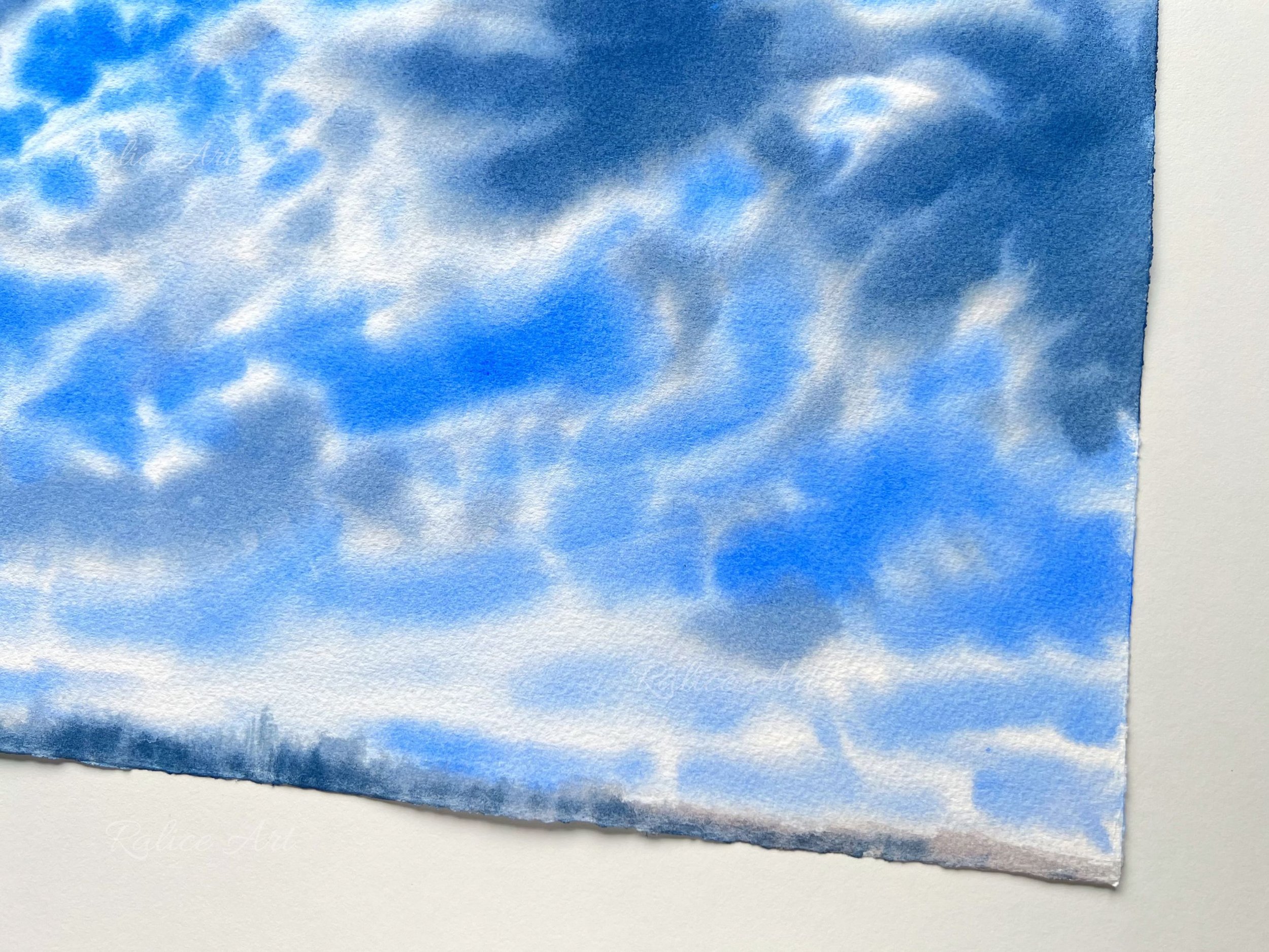 closeup Just Before the Storm – Original Watercolour Sky Painting, Minimalist Cloud Art for Your Home Office unframed upper left corner