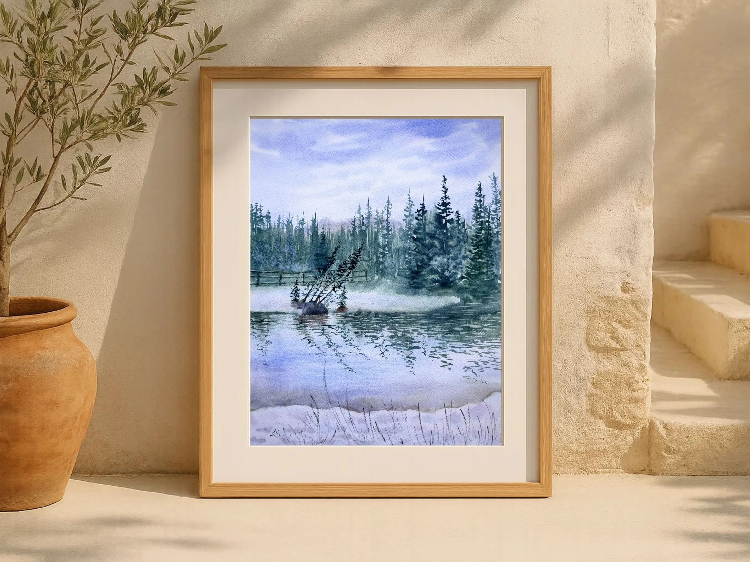 Nature`s Reflections Original Watercolor Forest Lake Landscape Painting Misty Pine Trees and Calm Water Moody Nature Scene Hand Painted Woodland Wall Art 3.jpg