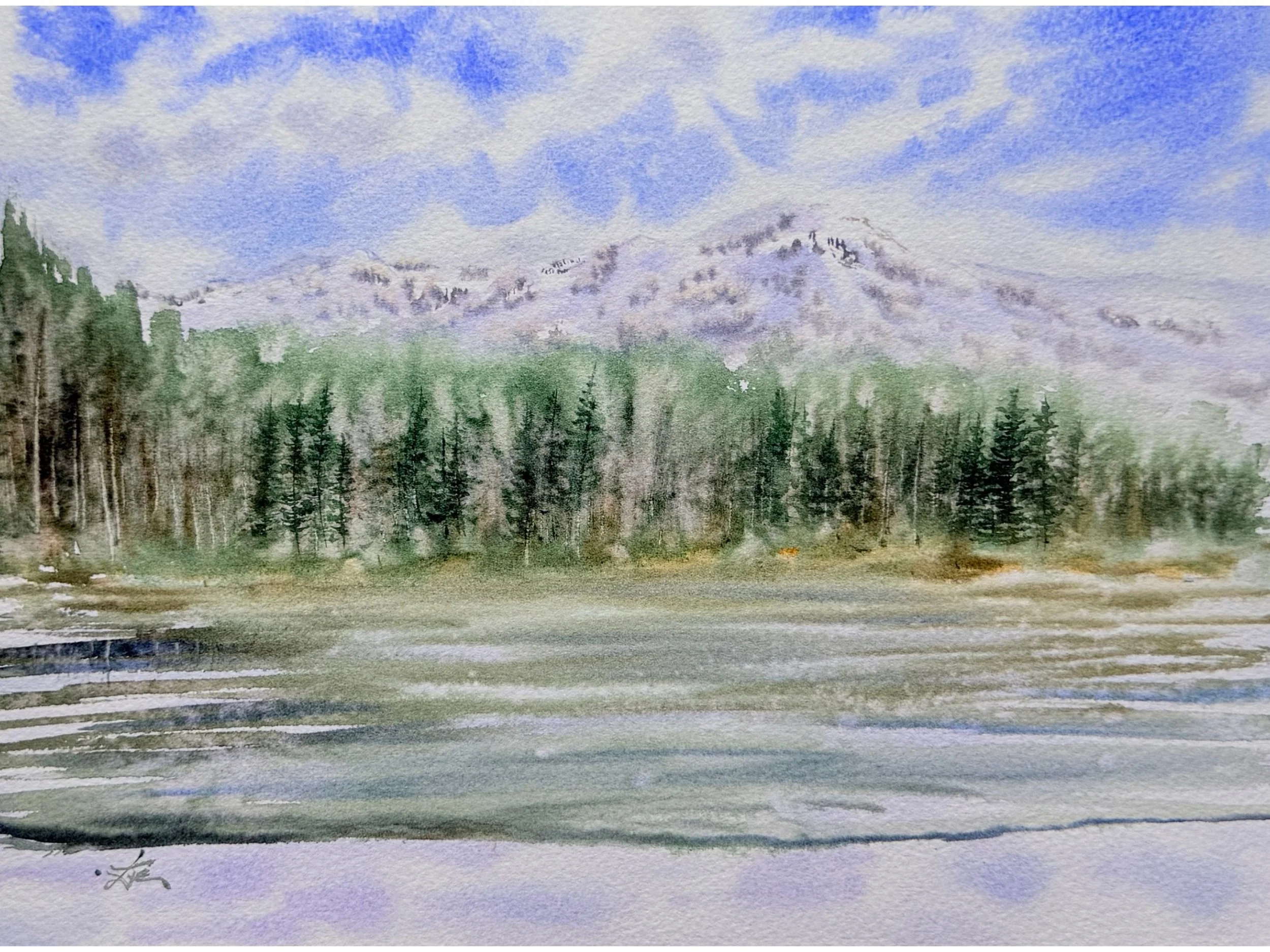 Original Watercolor Forest Lake Painting, Misty Pines and Calm Water, Atmospheric Nature Landscape, Hand Painted.jpg