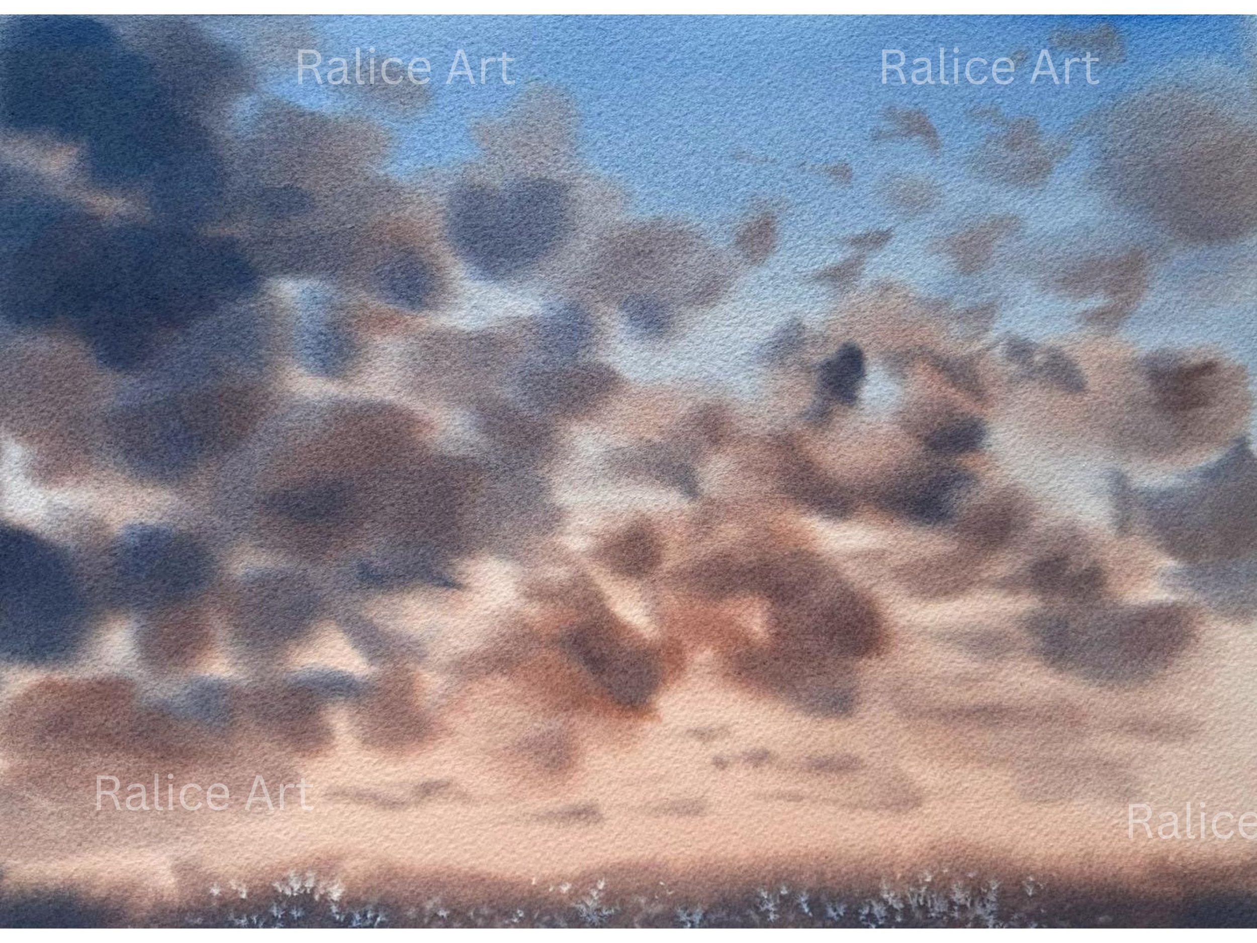 Move Forward Sunset Clouds Original Watercolor Painting, Cloudscape Wall Art Decor, Stormy Sky Clouds Duochrome Painting, Housewarming Gift by Ralice Art Closeup