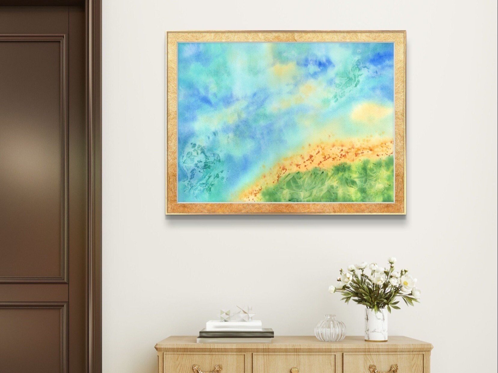 Abstract Seascape Giclée Fine Art Print is Watercolour Landscape Bird's-eye View Framed Print of the Ocean in a Room Setup