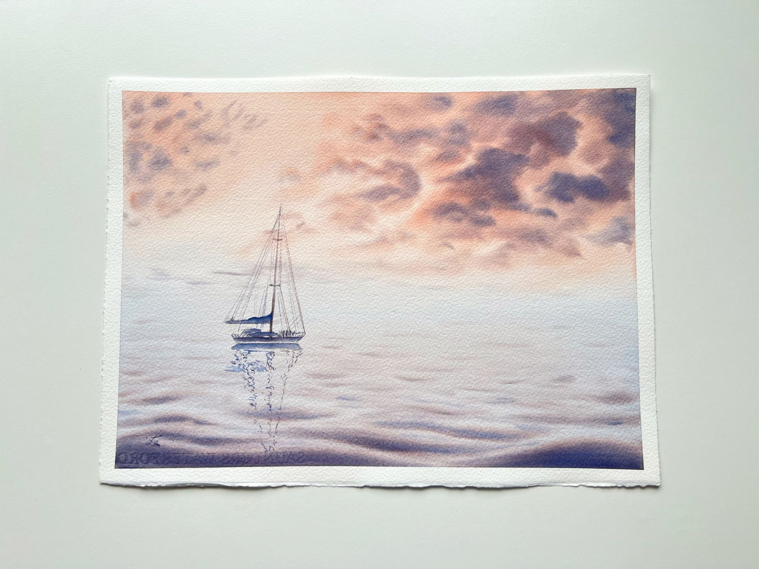 Peachy Sunset Original Watercolour Painting on Paper by Ralitsa Arnaudova Ralice Art Flat Lay