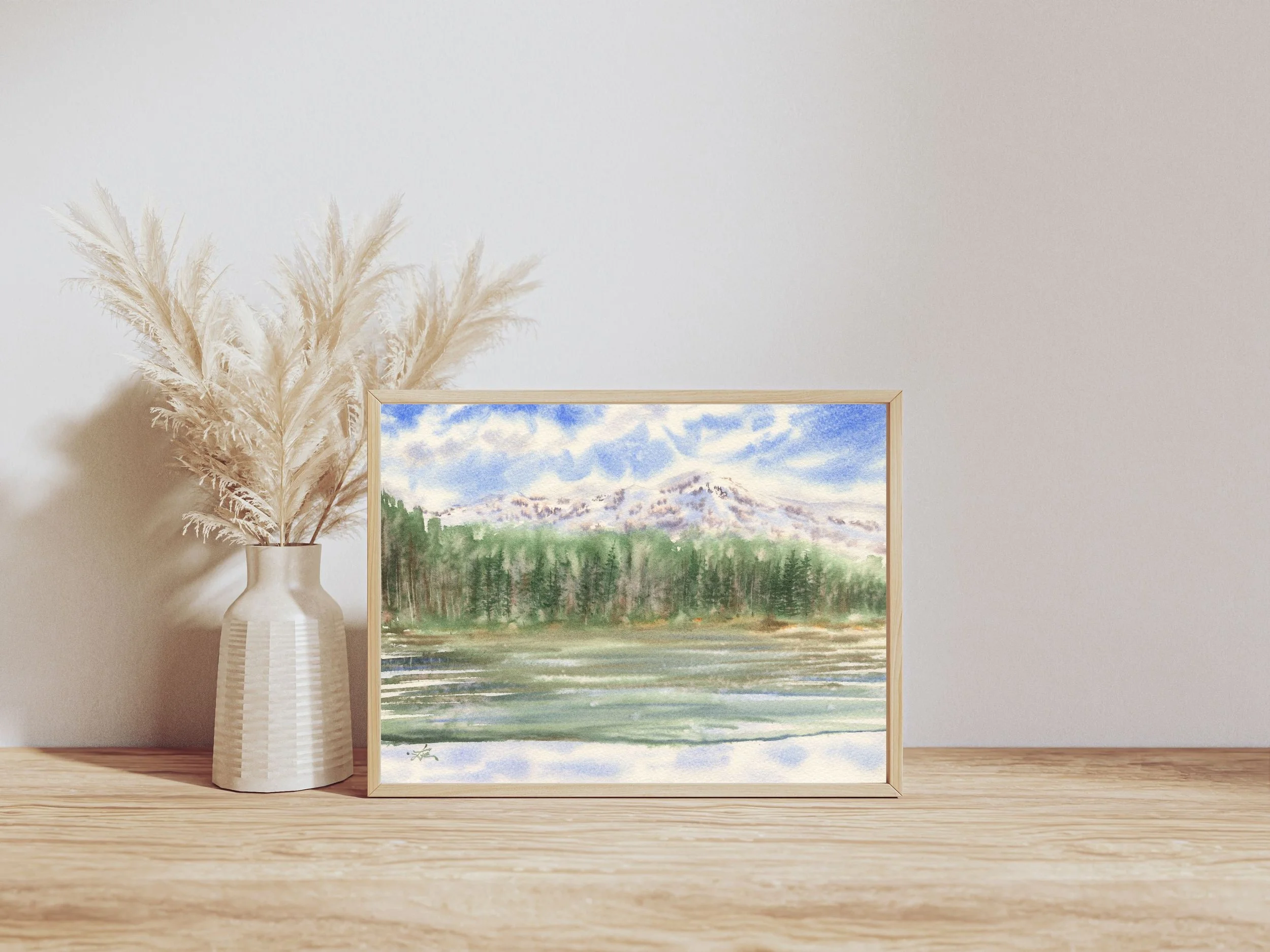Watercolor Forest Lake Art Print Misty Pines and Calm Water, Atmospheric Nature Landscape Art Poster
